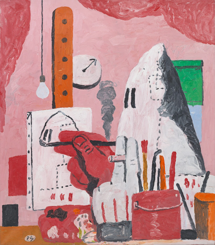 In Guston’s “The Studio” (1969), with hooded figures, the artist turns the brush on himself, suggesting the racism ingrained in all of us. Credit The Estate of Philip Guston and Hauser & Wirth