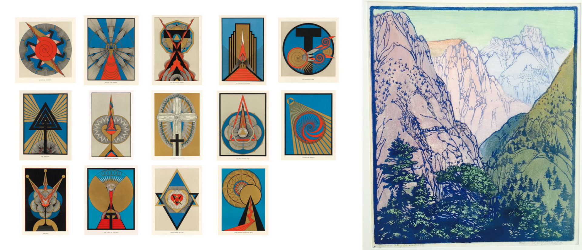 Olga Fröbe-Kapteyn, Meditation Drawing Screenprints, ca. 1930; Frances Hammell Gearhart, Sierra Sky Scrapers, 1933