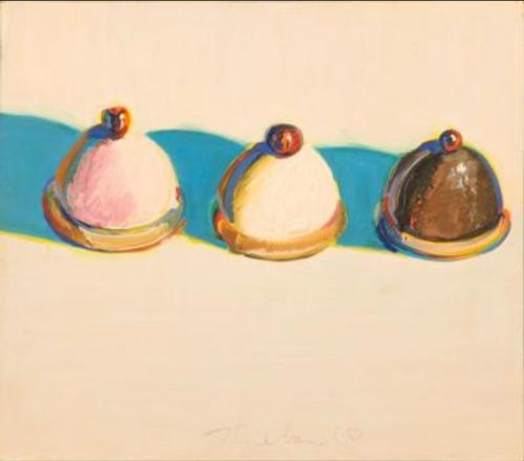 Wayne Thiebaud, Three Treats, 1975-76. Oil on panel, 10 1/2 x 11 7/8 in. (26.7 x 30.2 cm). Fine Arts Collection, Jan Shrem and Maria Manetti Shrem Museum of Art, University of California, Davis. Promised gift of Betty Jean and Wayne Thiebaud. © 2020 Wayne Thiebaud / Licensed by VAGA at Artists Rights Society (ARS), NY.
