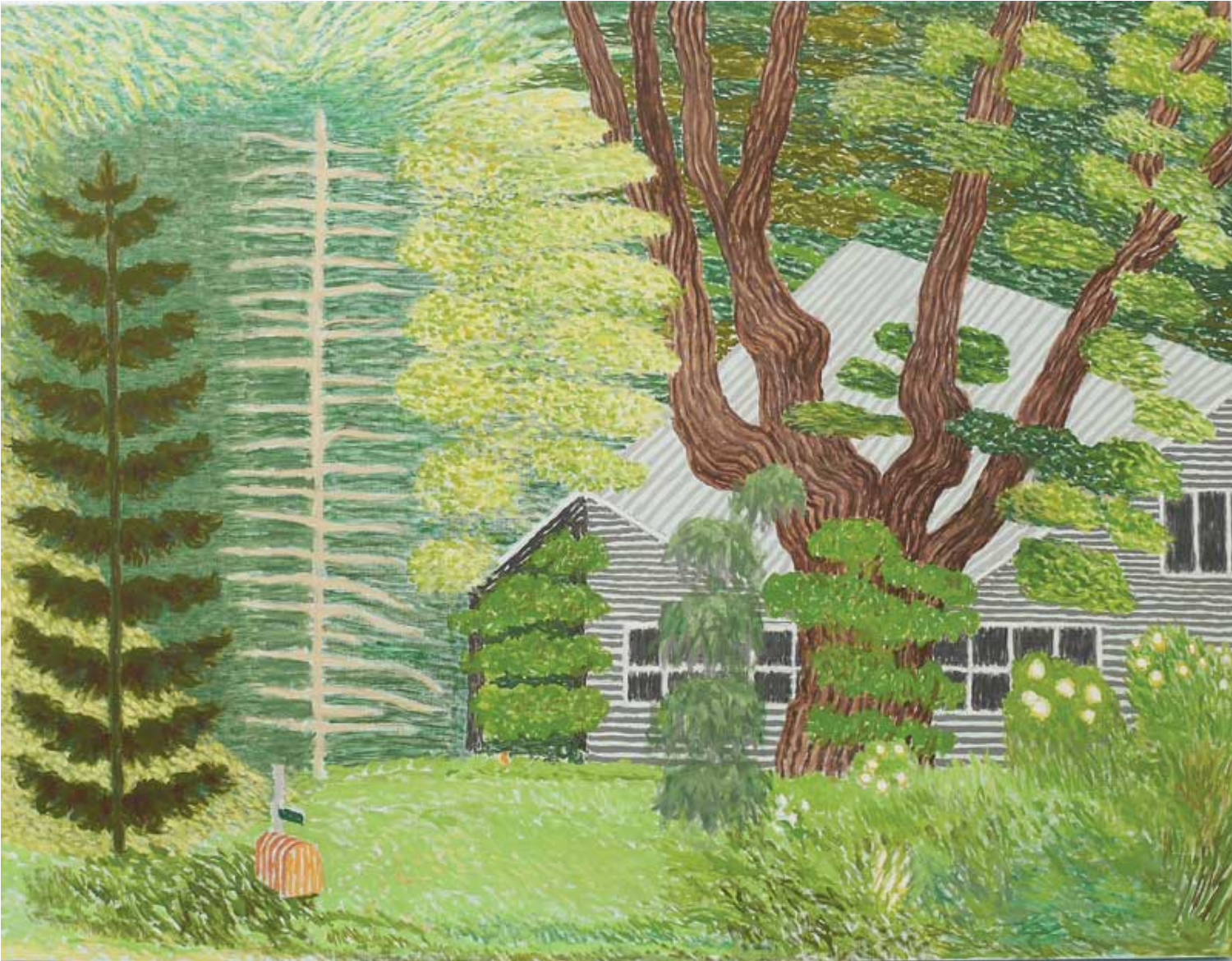 The home of the artist’s son and his wife is the subject of this painting. Tom and Kathy’s Summer House in Maine, 2020, oil on linen, 34 by 44½ inches. Courtesy the artist and DC Moore Gallery, New York