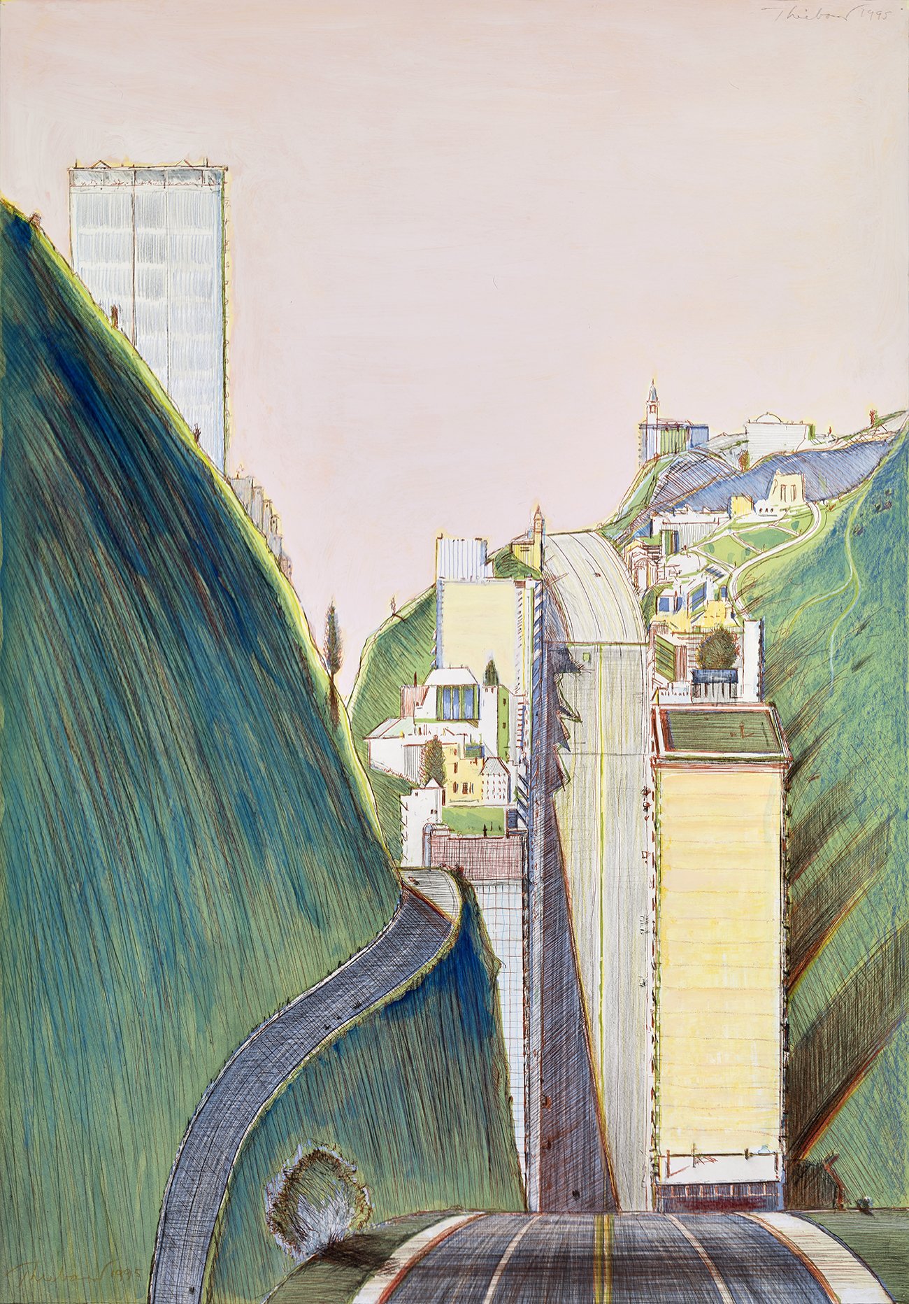 Wayne Thiebaud, Park Place, 1995. Color etching hand-worked with watercolor, gouache, colored pencil, graphite, and pastel, 29 9/16 x 20 3/4 in. (sheet/image). Crocker Art Museum, gift of the Artist’s family, 1995.9.50. © 2021 Wayne Thiebaud / Licensed by VAGA at Artists Rights Society (ARS), NY.