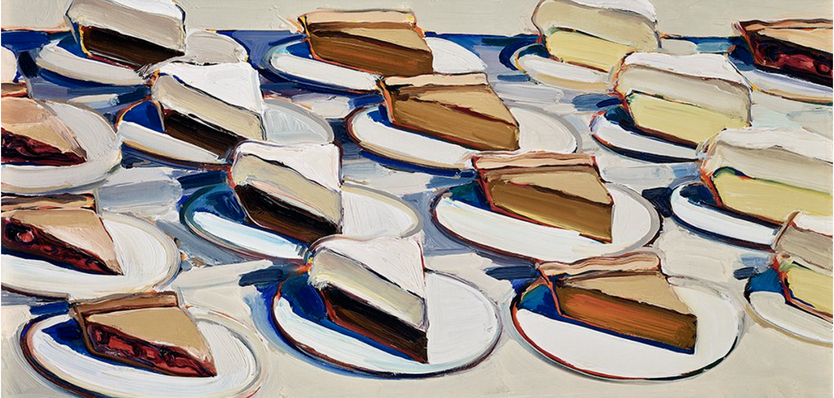 Top Image: Wayne Thiebaud, Pies, Pies, Pies, 1961. Oil on canvas, 20 x 30 in. Crocker Art Museum, gift of Philip L. Ehlert in memory of Dorothy Evelyn Ehlert, 1974.12. © 2021 Wayne Thiebaud / Licensed by VAGA at Artists Rights Society (ARS), NY.