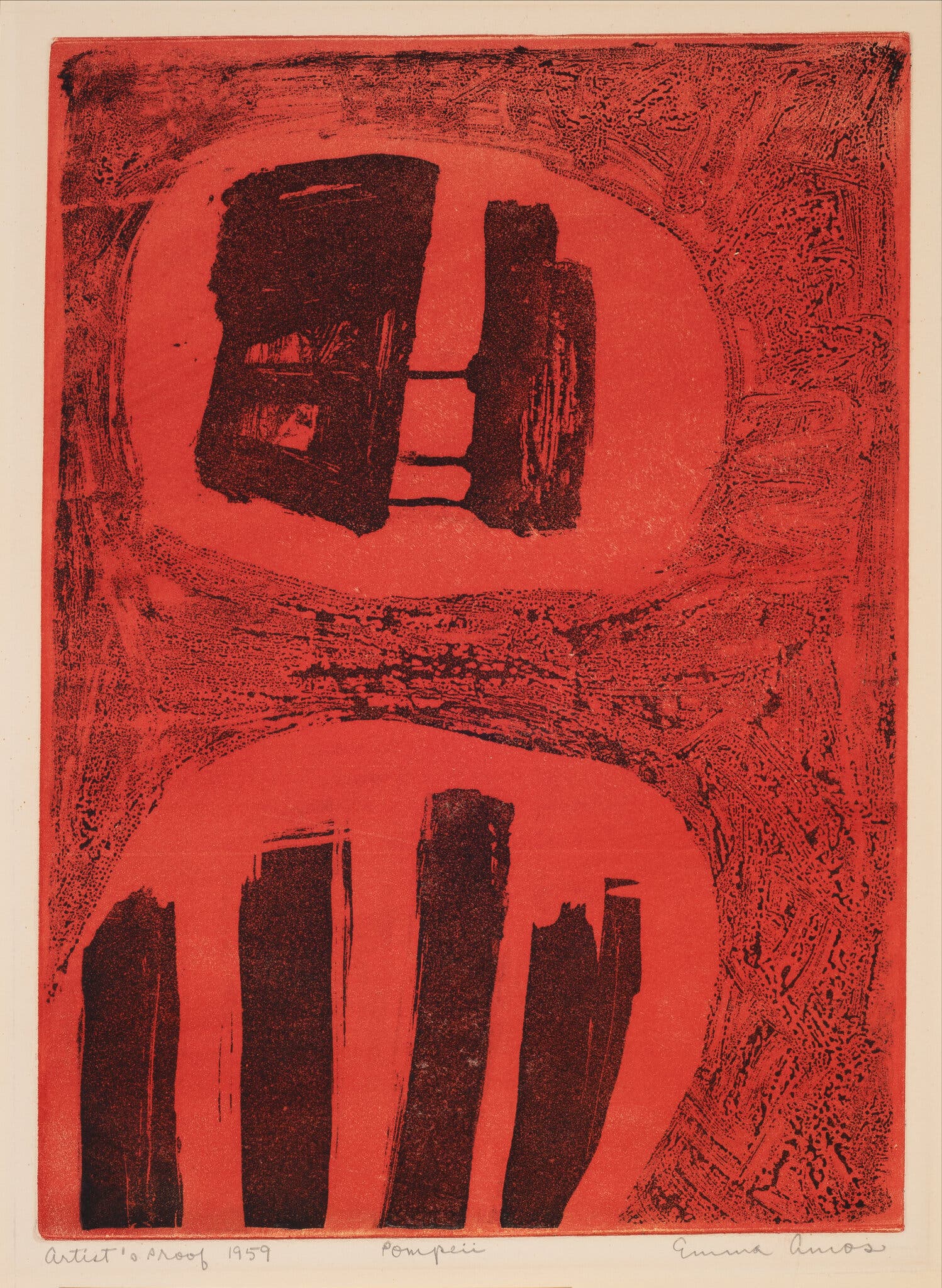 Amos’s “Pompeii (Red),” 1959, an abstract etching that anticipates her forthcoming experiments with color.