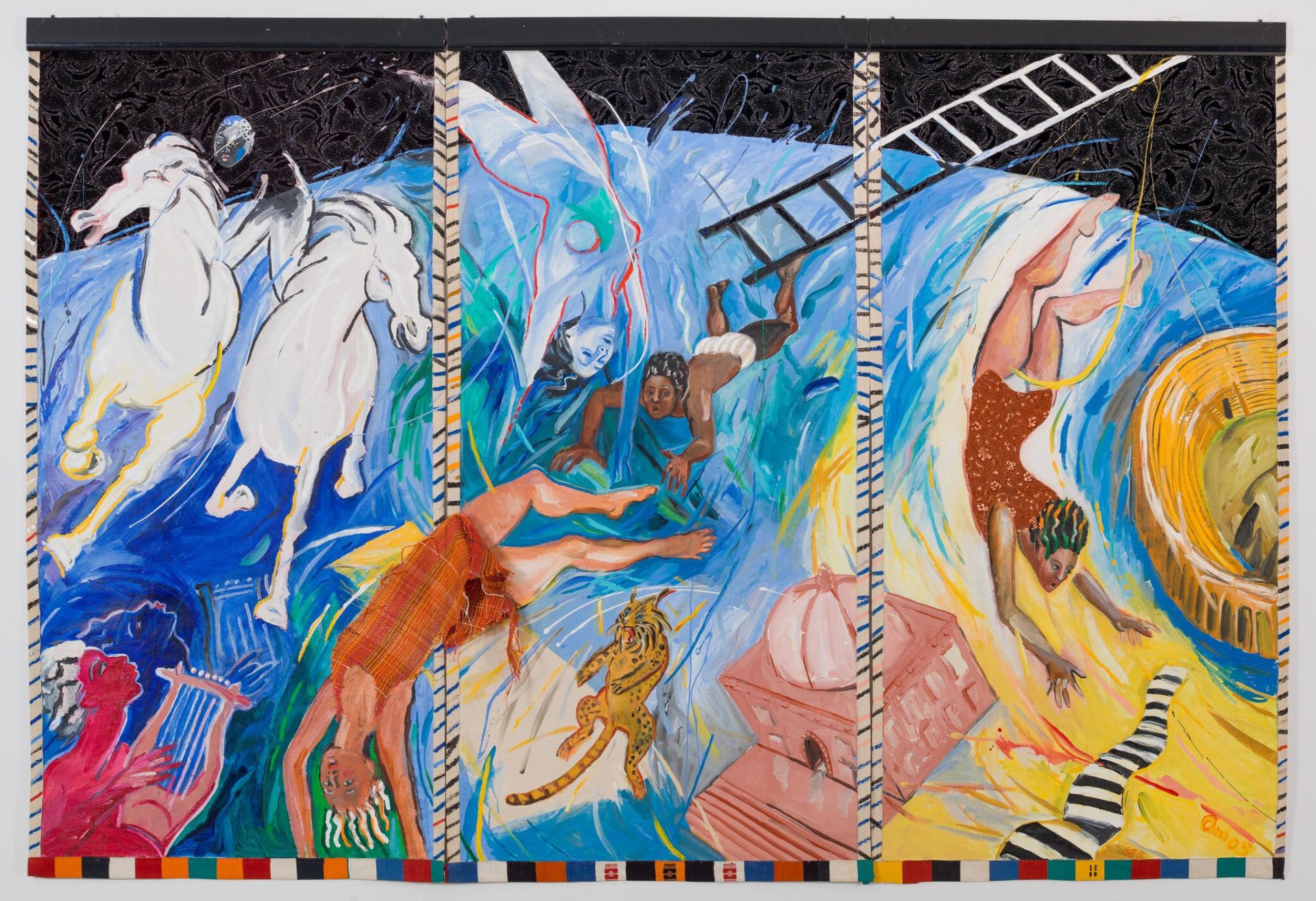 “Flying Circus,” 1987, an acrylic painting that uses African fabric as borders, which gives it literal texture as well as historical depth. Emma Amos