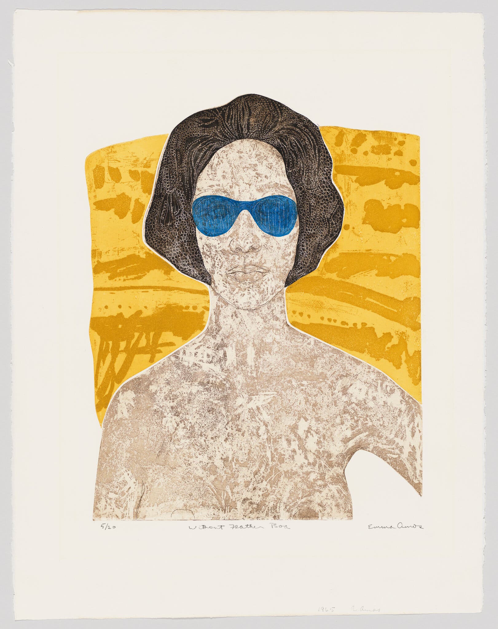 “Without Feather Boa” (1965), a print of Amos wearing blue sunglasses and seemingly nothing else.Credit...Emma Amos; Whitney Museum of American Art