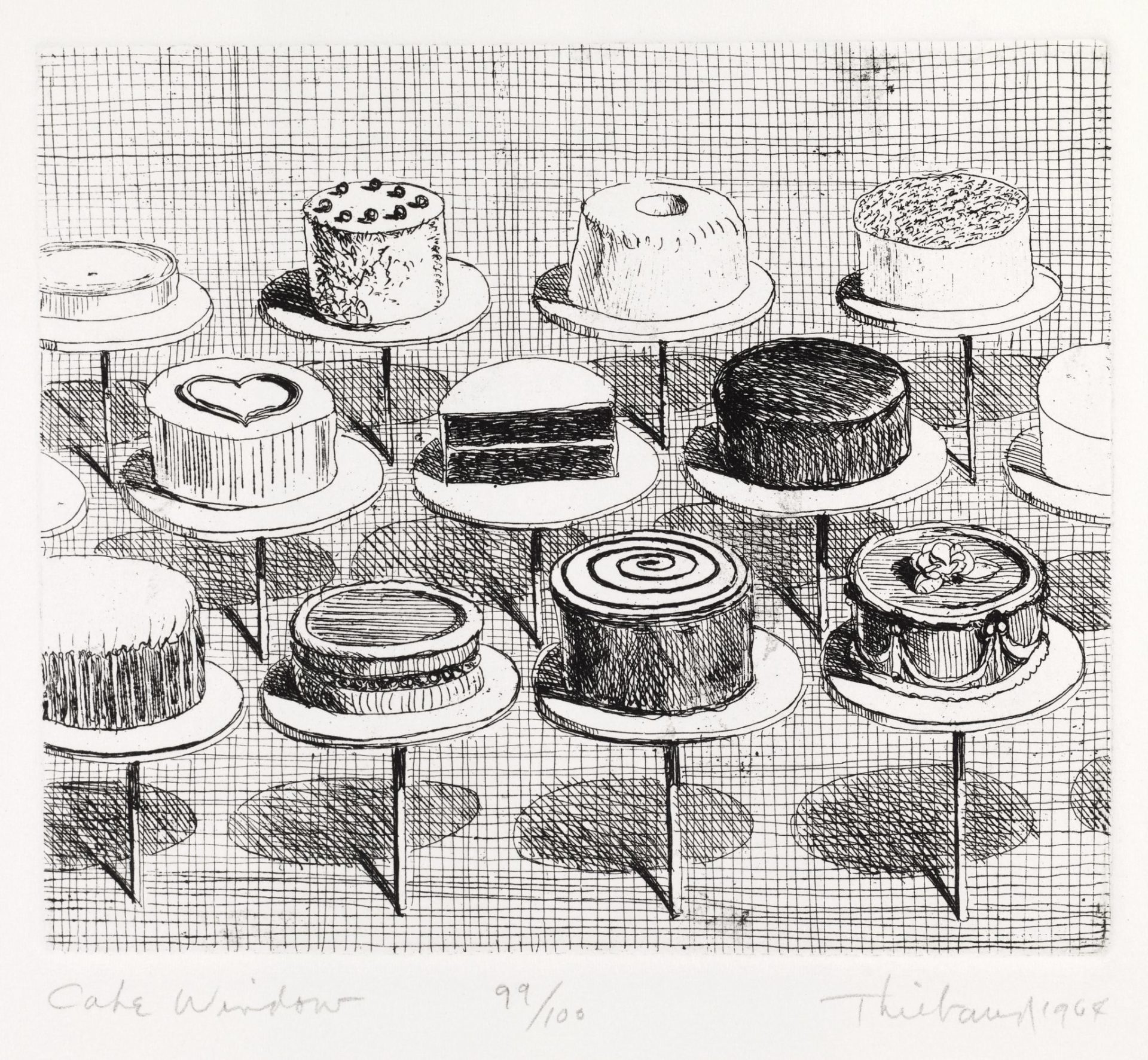 Wayne Thiebaud, Cake Window, from Delights series, 1964. Etching, 4 15/16 x 5 7/8 in. (plate), 12 3/4 x 10 3/4 in. (sheet). Crocker Art Museum, gift of the Artist’s family, 1995.9.1.13. © 2021 Wayne Thiebaud / Licensed by VAGA at Artists Rights Society (ARS), NY.