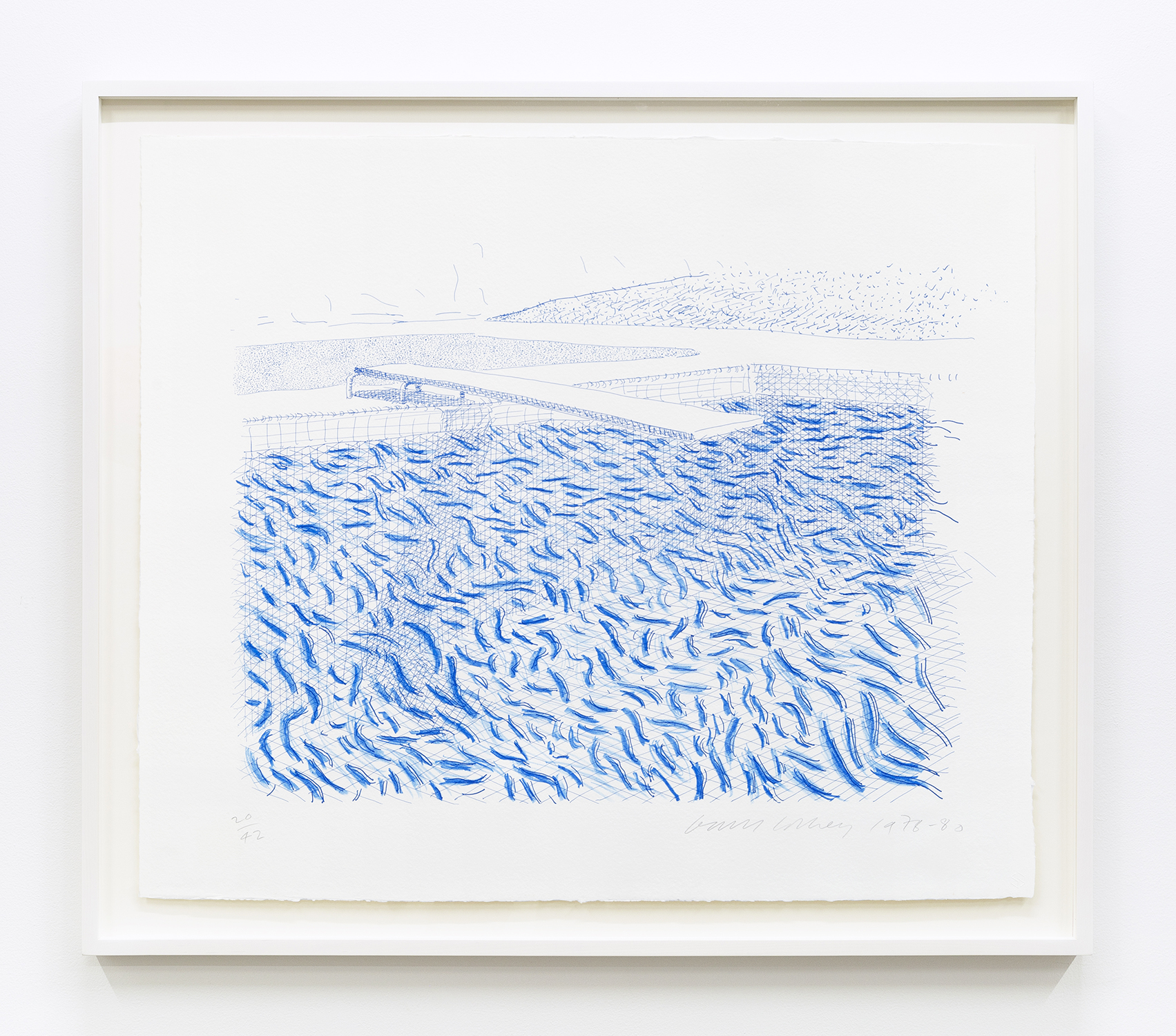 David Hockney Lithographic Water Made of Lines and Crayon, 1978-1980 Lithograph Image Dimensions: 21 1/2 x 29 3/4 inches (54.6 x 745.2 cm) Paper Dimensions: 29 1/4 x 34 inches (74.3 x 86.4 cm) Edition of 42