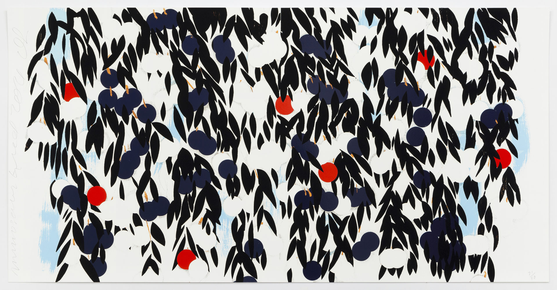 Donald Sultan Mimosa with Red, 2021 Silkscreen with enamel inks, flocking, and tar-like texture on Rising 4-ply museum board 42 x 84 inches (106.7 x 213.4 cm) Edition of 40