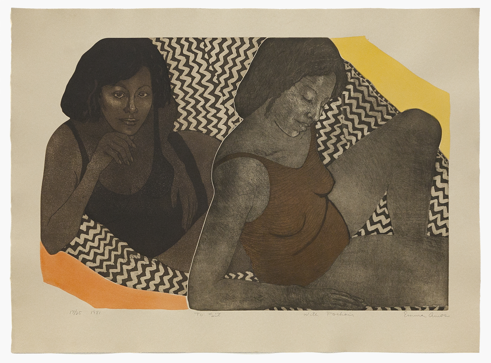 Emma Amos To Sit (with Pochoir), 1981 Etching, aquatint and styrene stencil Image Dimensions: 25 x 36 inches (63.5 x 91.4 cm) Paper Dimensions: 29 1/2 x 40 inches (74.9 x 101.6 cm) Edition of 25