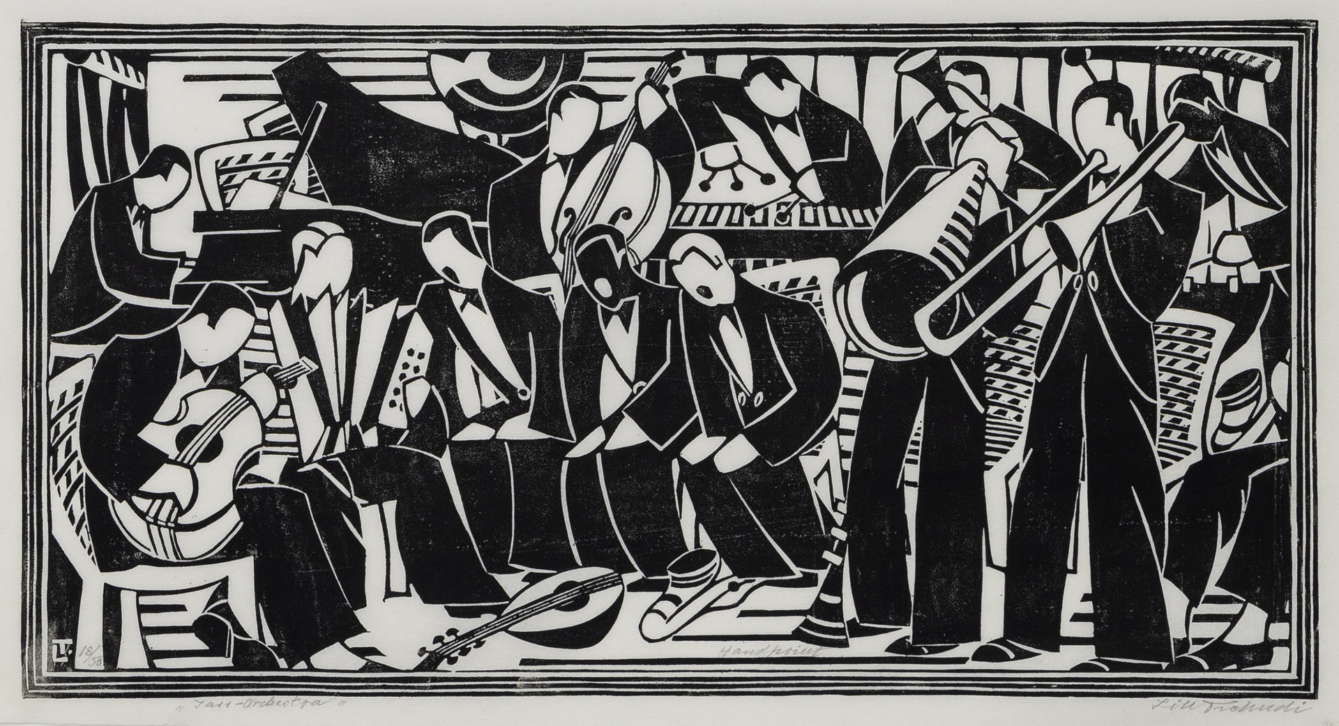 Lill Tschudi Jazz Orchestra, c. 1935 Linocut on Japon paper Image Dimensions: 10 5/8 x 20 3/8 inches (27 x 51.8 cm) Paper Dimensions: 12 x 24 1/2 inches (30.5 x 62.2 cm) Edition of 50