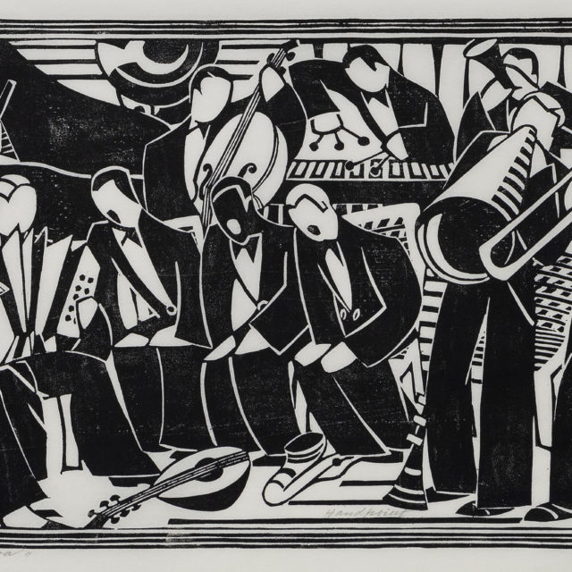 Lill Tschudi Jazz Orchestra, c. 1935 Linocut on Japon paper Image Dimensions: 10 5/8 x 20 3/8 inches (27 x 51.8 cm) Paper Dimensions: 12 x 24 1/2 inches (30.5 x 62.2 cm) Edition of 50