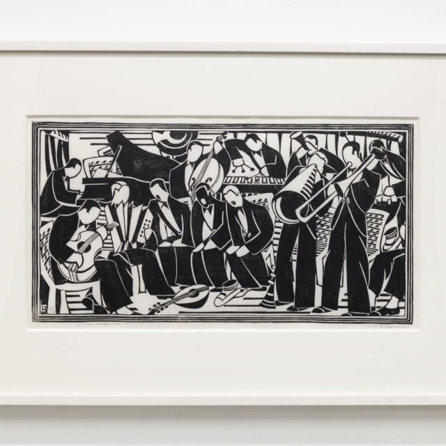 Lill Tschudi Jazz Orchestra, c. 1935 Linocut on Japon paper Image Dimensions: 10 5/8 x 20 3/8 inches (27 x 51.8 cm) Paper Dimensions: 12 x 24 1/2 inches (30.5 x 62.2 cm) Edition 18 of 50