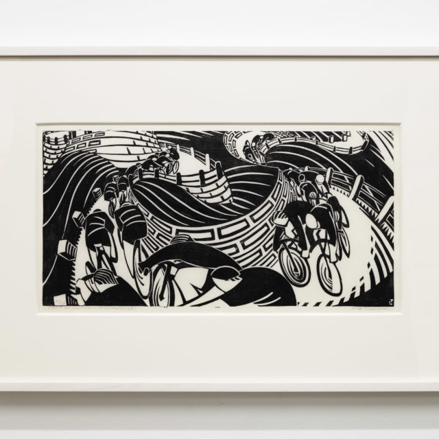 Lill Tschudi Tour de Suisse, 1935 Linocut on Japon paper Image Dimensions: 9 7/8 x 19 5/8 inches (25.1 x 49.8 cm) Paper Dimensions: 12 1/4 x 22 1/2 inches (31.1 x 57.2 cm) Edition of 50