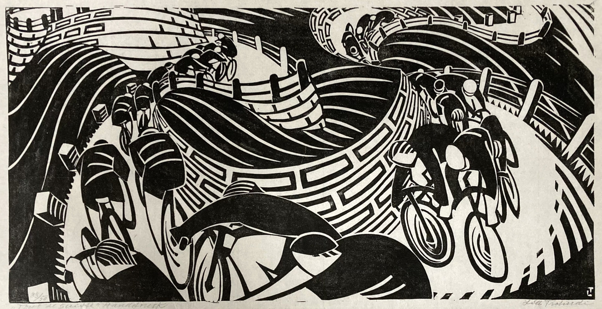 Lill Tschudi Tour de Suisse, 1935 Linocut on Japon paper Image Dimensions: 9 7/8 x 19 5/8 inches (25.1 x 49.8 cm) Paper Dimensions: 12 1/4 x 22 1/2 inches (31.1 x 57.2 cm) Edition of 50