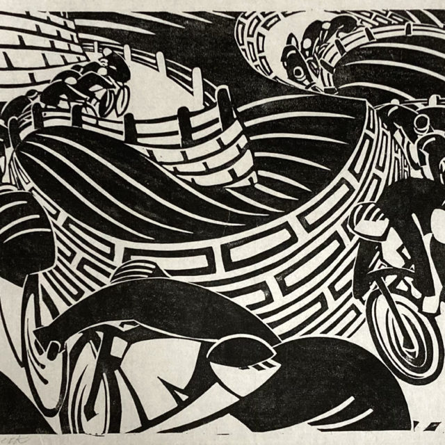 Lill Tschudi Tour de Suisse, 1935 Linocut on Japon paper Image Dimensions: 9 7/8 x 19 5/8 inches (25.1 x 49.8 cm) Paper Dimensions: 12 1/4 x 22 1/2 inches (31.1 x 57.2 cm) Edition of 50