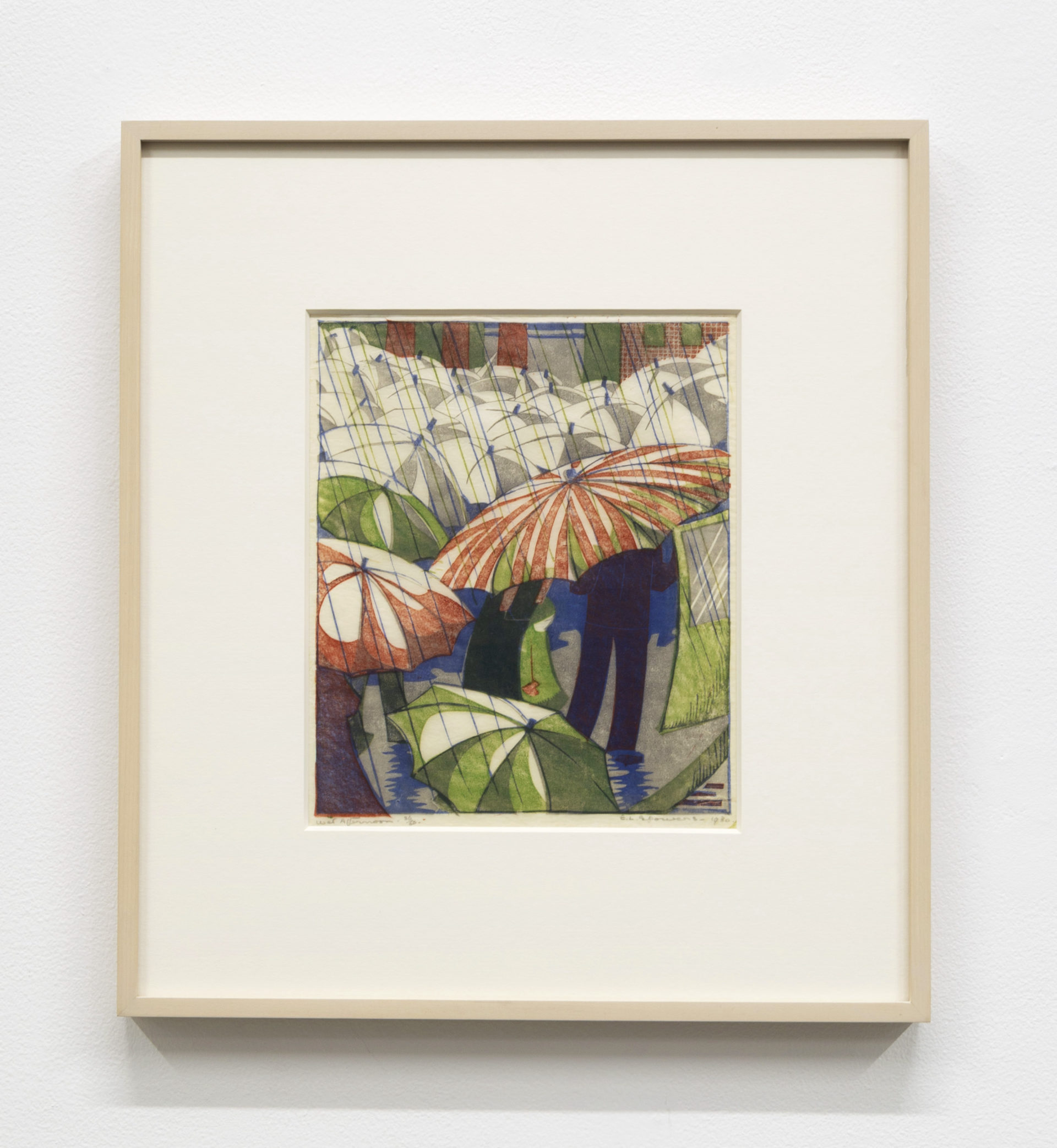 Ethel Spowers Wet Afternoon, 1930 Linocut Image Dimensions: 9 9/16 x 8 inches (24.3 x 20.3 cm) Paper Dimensions: 11 5/16 x 9 1/8 inches (28.7 x 23.2 cm) Edition of 50