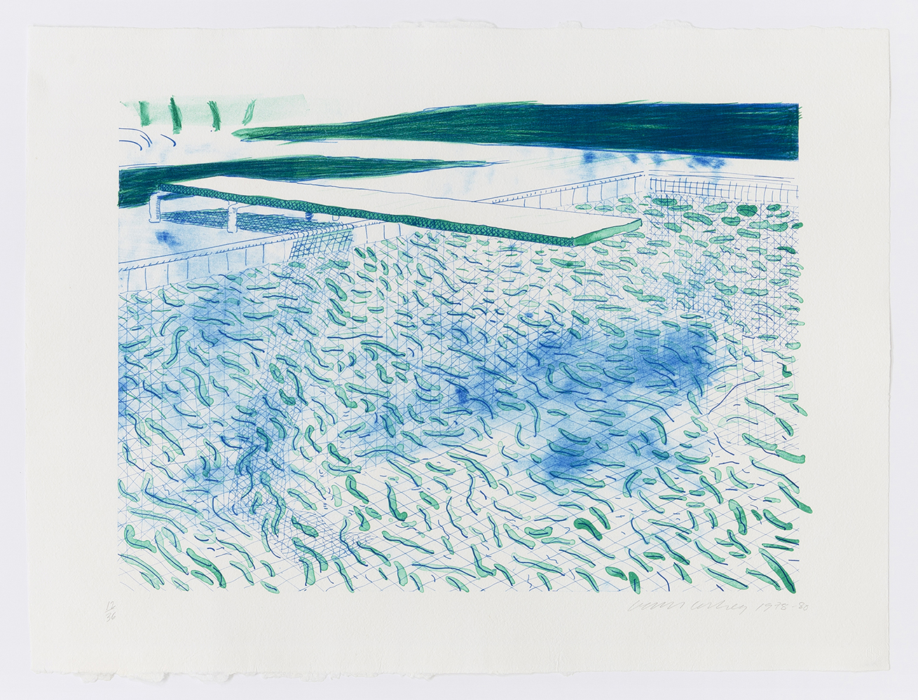 Lithograph of Water Made of Lines and Green Wash