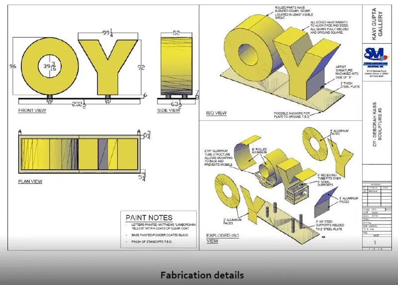 Design and construction details of an OY/YO sculpture approved temporarily for 5th and Market Streets in Philadelphia. Weitzman National Museum of Jewish History / Deborah Kass