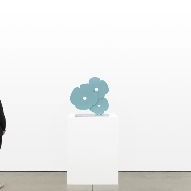 Donald Sultan Aqua Poppies, Jan 6, 2021, 2021 Shaped aluminum with aqua powder coat on polished aluminum base 24 1/2 x 24 x 3 1/2 inches (62.2 x 61 x 8.9 cm) Edition of 25