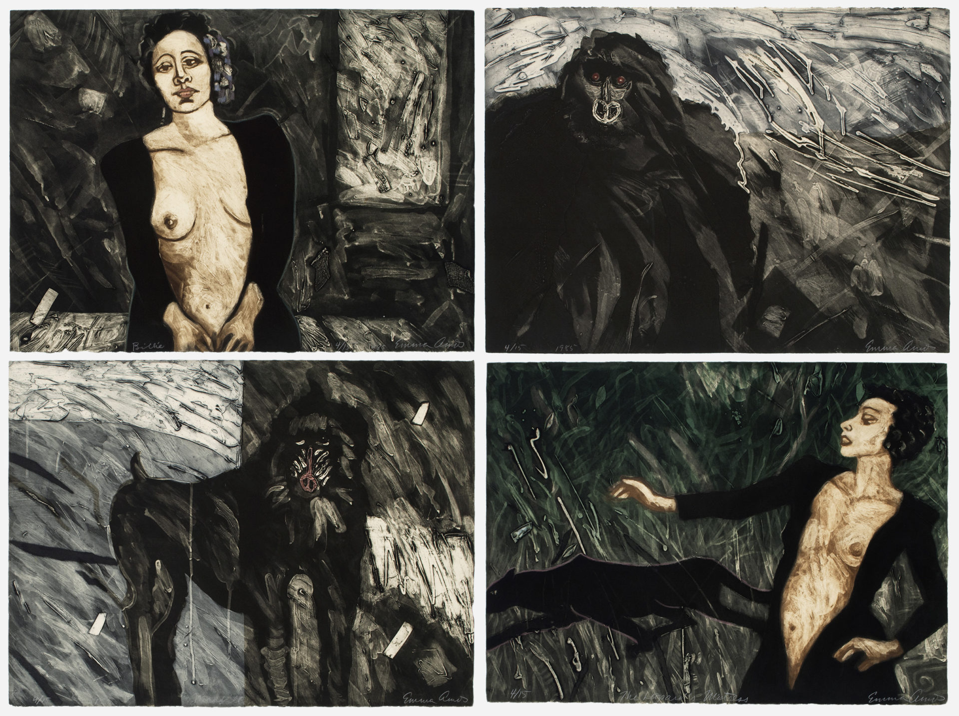 EMMA AMOS (b. 1937, Atlanta, GA – d. 2020, Bedford, NH) Creatures of the Night, 1985 Set of 4 intaglio printed silk collagraphs 22 x 30 inches (55.9 x 76.2 cm) each Edition of 15