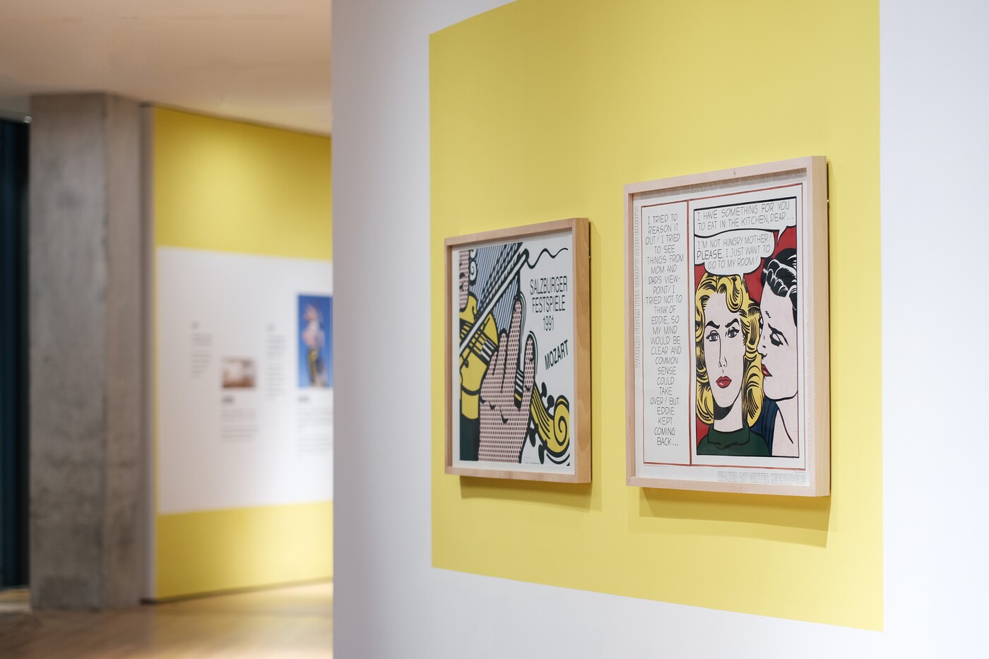 Left to right: Roy Lichtenstein, Salzburguer Festspiele, 1991, 65 x 86.5 cm. Eddie - Diptych, 1985, 78 x 91 cm. Installation view. Photo: Liu Xiangli. © HEM.
