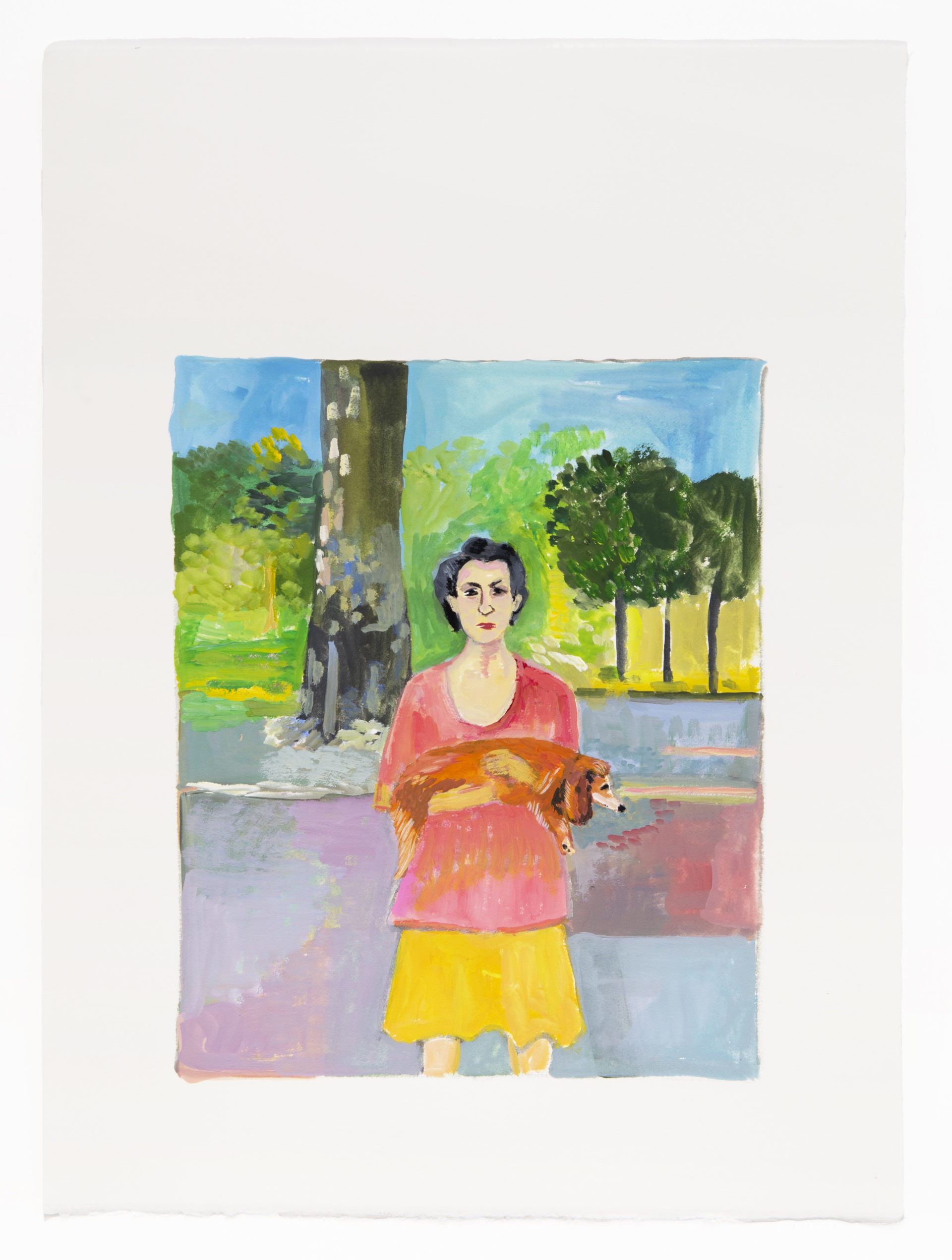 Maira Kalman Woman Carrying Ill Dog, 2022 Gouache Image Dimensions: 9 1/2 x 7 1/2 inches (24.1 x 19.1 cm) Paper Dimensions: 15 1/4 x 11 inches (38.7 x 27.9 cm)