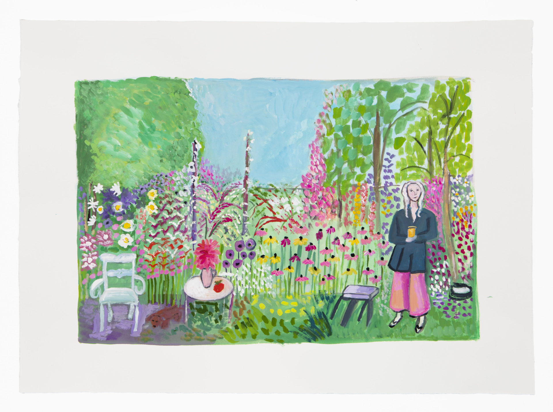 Maira Kalman Kiki in the Garden, 2022 Gouache Image Dimensions: 9 1/2 x 14 1/2 inches (24.1 x 36.8 cm) Paper Dimensions: 13 1/4 x 18 3/4 inches (33.7 x 47.6 cm)