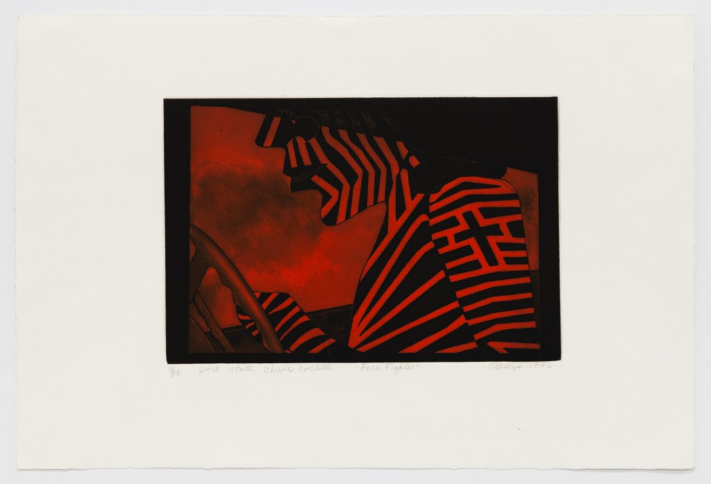 Camille Billops, Fire Fighter, Etching and aquatint with chine colle, 15 x 22 inches (38.1 x 55.9 cm), Edition of 10, 2nd State
