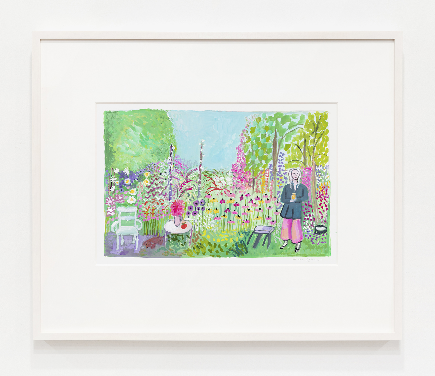 Maira Kalman, Kiki in the Garden, 2022, Gouache, Framed Dimensions: 20 x 24 inches (50.8 x 61 cm)