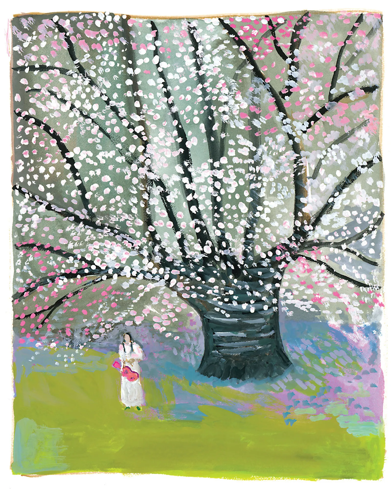 Maira Kalman Woman holding a pink ukulele under a giant cherry tree