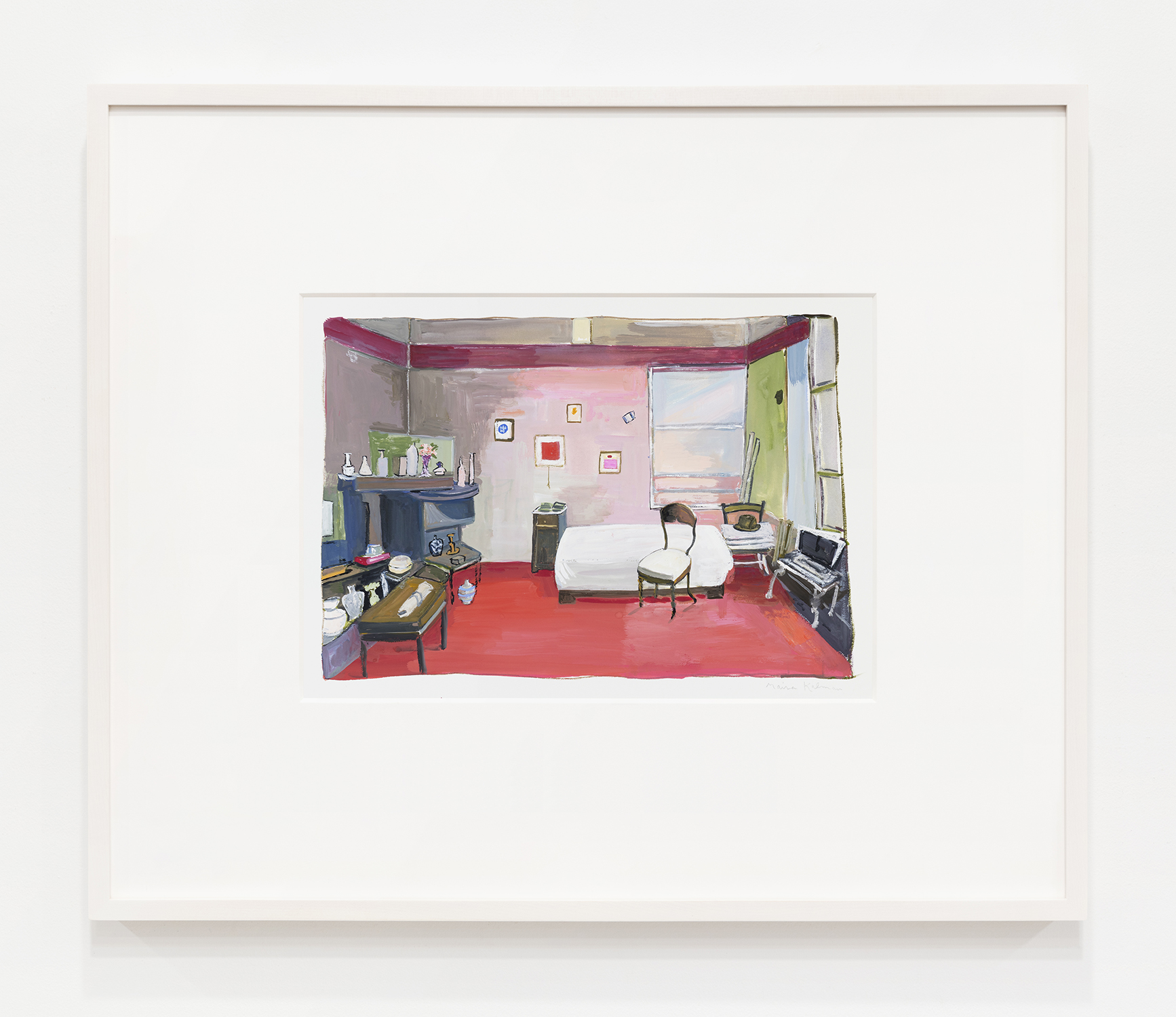 Maira Kalman Morandi's Studio, 2020 Gouache Image Dimensions: 9 x 12 7/8 inches (22.9 x 32.7 cm) Framed Dimensions: 20 x 24 inches (50.8 x 61 cm)