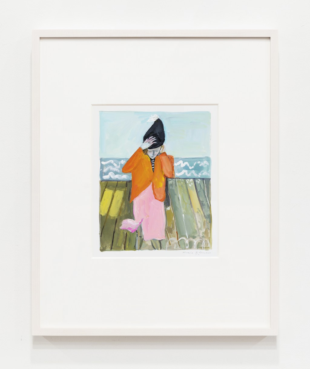 Woman in Pink Skirt Holding onto Her Hat