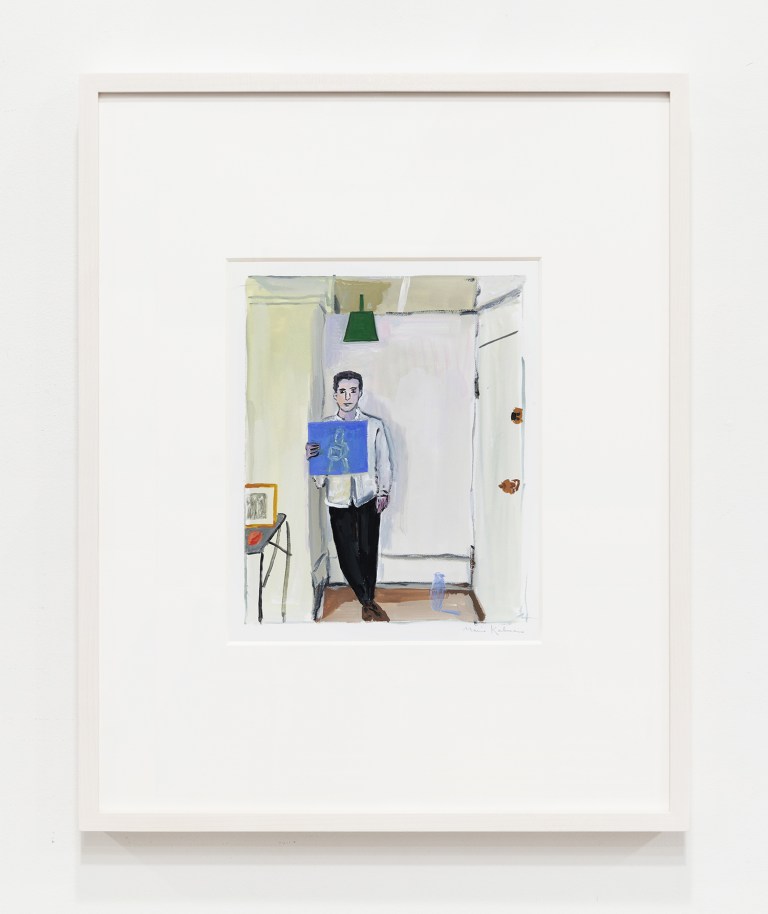 Alex Standing Under a Green Dustpan Holding a Painting of a Woman Holding a Box