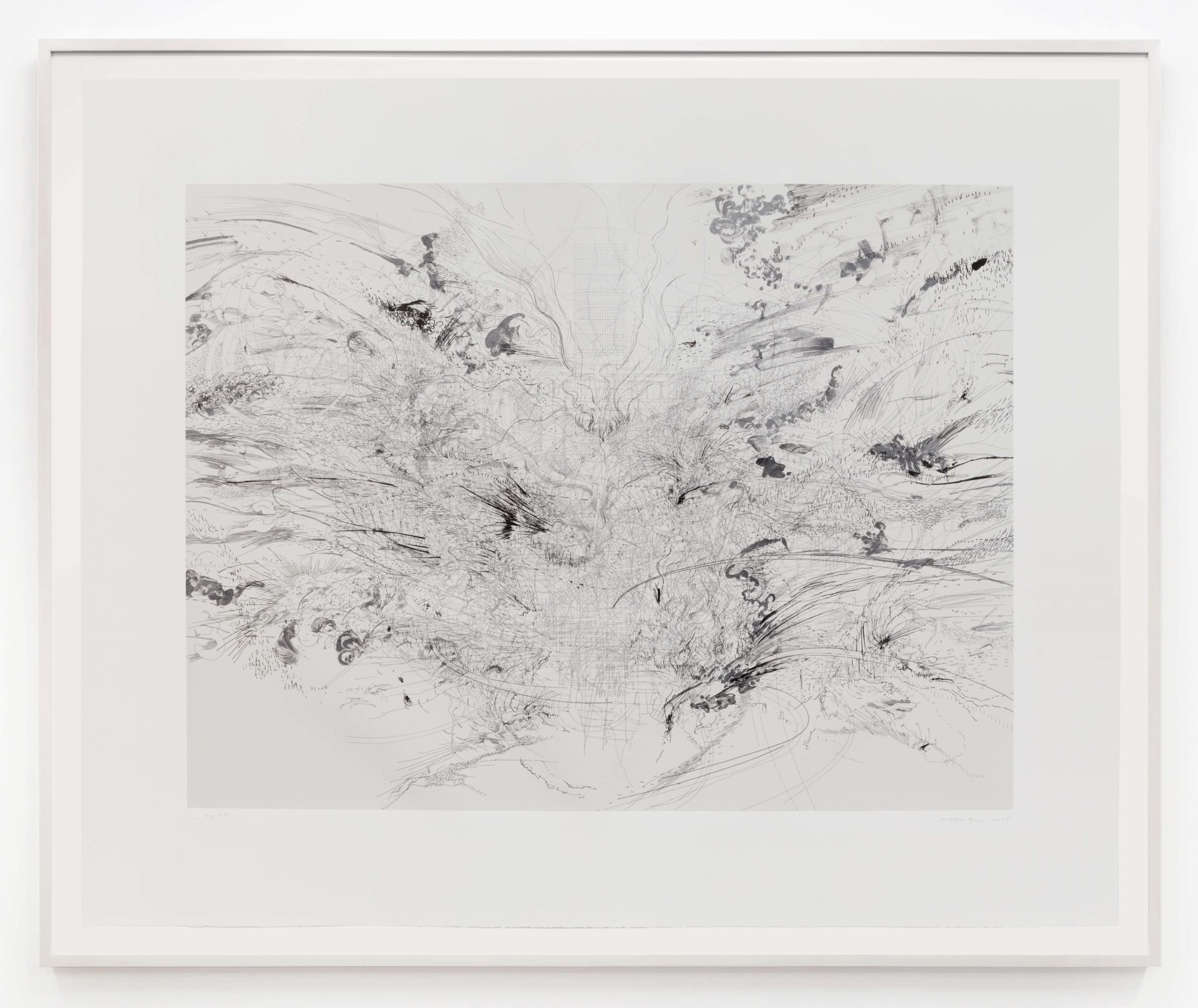Julie Mehretu Entropia (construction), 2005 Lithograph, on Gampi chine collé to Somerset paper, with full margins Image Dimensions: 29 1/3 x 39 3/4 inches (74.5 x 101 cm) Paper Dimensions: 40 x 49 3/4 inches (101.6 x 126.4 cm) Framed Dimensions: 44 1/4 x 54 inches (112.4 x 137.2 cm) PP 4, Edition of 30, plus 5