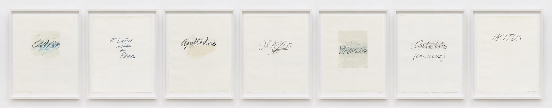 Cy Twombly Six Latin Writers and Poets, 1976 Seven lithographs printed in color with embossing Image Dimensions: 25 3/8 x 19 3/4 inches (64.5 x 50.2 cm) each Framed Dimensions: 29 1/2 x 23 1/2 inches (74.9 x 59.7 cm) each Edition of 60