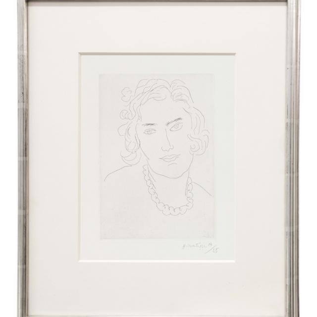 Henri Matisse Le Grand Collier, 1929 Etching Image Dimensions: 9 3/4 x 7 inches (24.8 x 17.8 cm) Paper Dimensions: 15 x 11 inches (38.1 x 27.9 cm) Framed Dimensions: 19 11/16 x 16 5/8 x 1 1/16 inches (50 x 42.2 x 2.7 cm) Edition of 25