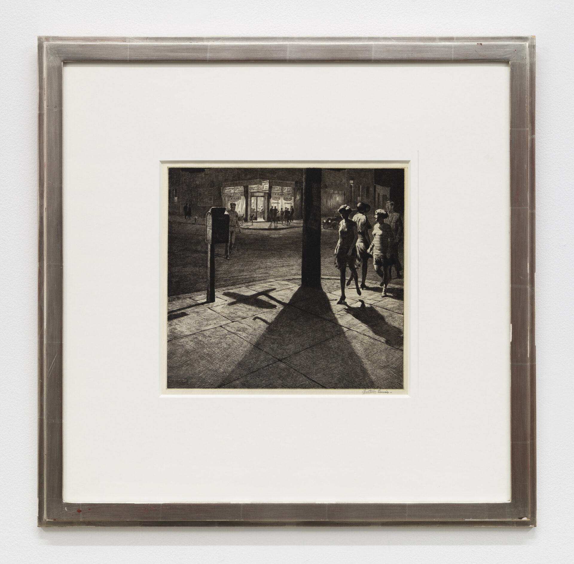 Martin Lewis Corner Shadows, 1930 Drypoint Paper Dimensions: 10 7/8 x 12 1/8 inches (27.6 x 30.8 cm) Image Dimensions: 8 3/8 x 8 15/16 inches (21.3 x 22.7 cm) Framed Dimensions: 16 x 16 inches (40.6 x 40.6 cm) Edition of 242