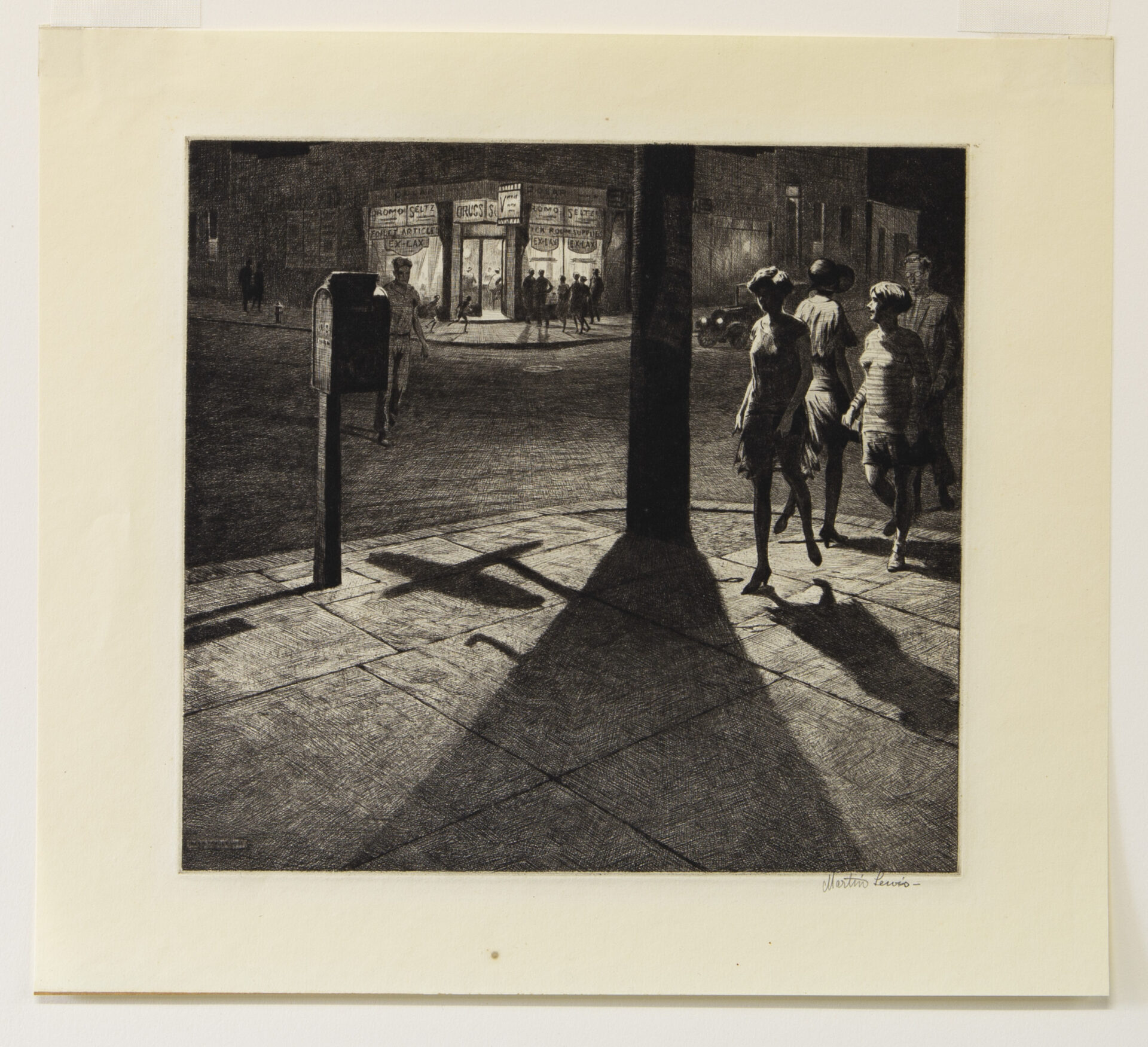 Martin Lewis Corner Shadows, 1930 Drypoint Paper Dimensions: 10 7/8 x 12 1/8 inches (27.6 x 30.8 cm) Image Dimensions: 8 3/8 x 8 15/16 inches (21.3 x 22.7 cm) Framed Dimensions: 16 x 16 inches (40.6 x 40.6 cm) Edition of 242