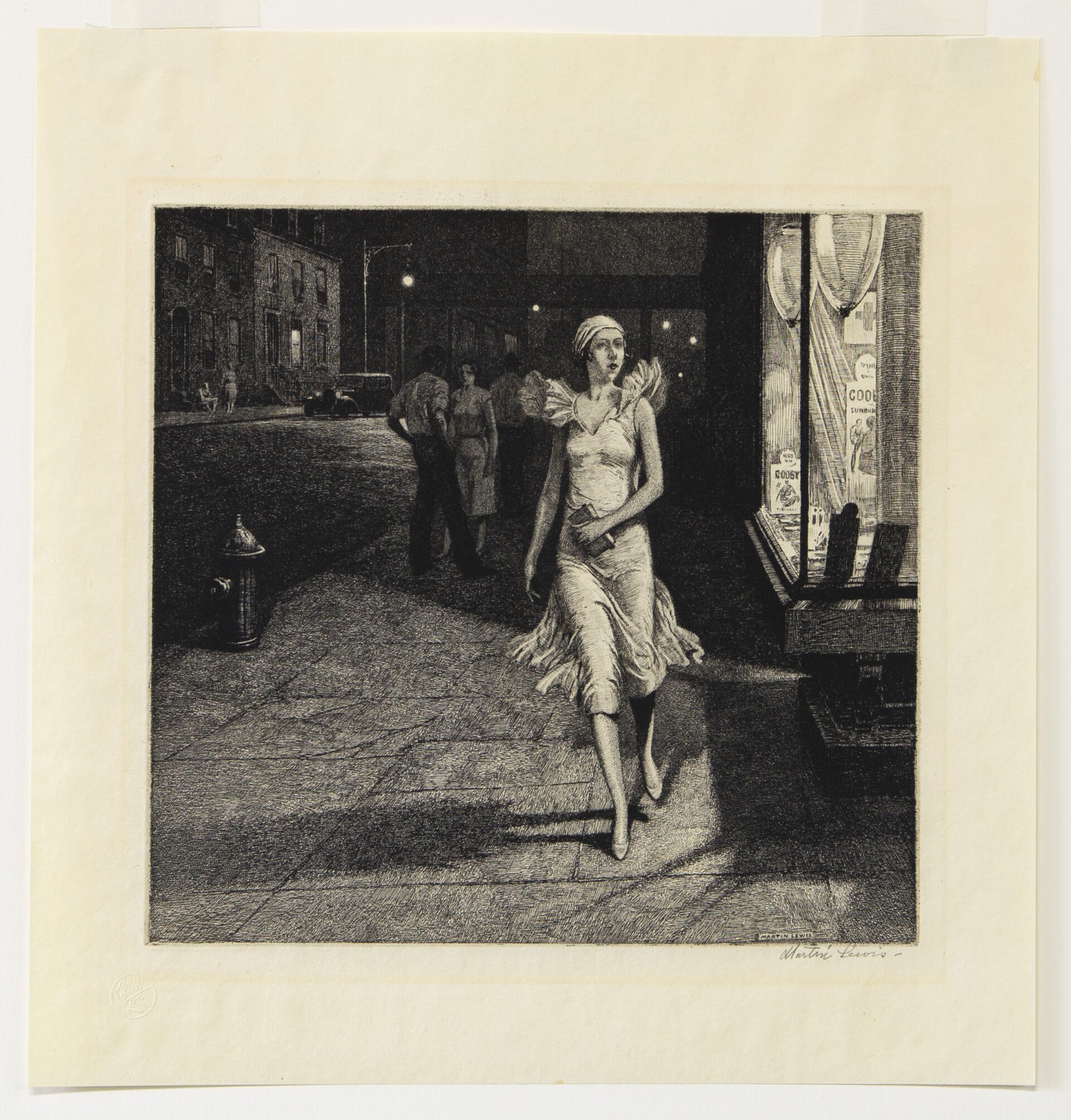 Martin Lewis Night in New York, 1932 Etching Paper Dimensions: 12 x 11 1/2 inches (30.5 x 29.2 cm) Image Dimensions: 8 3/8 x 8 7/8 inches (21.3 x 22.5 cm) Framed Dimensions: 16 1/2 x 16 1/2 inches (41.9 x 41.9 cm) Edition of 125