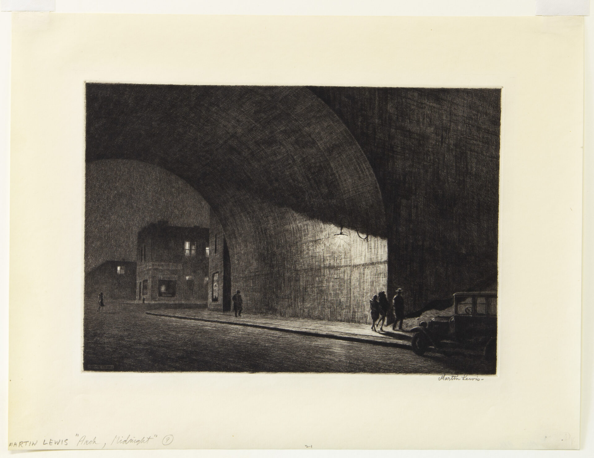 Martin Lewis Arch, Midnight, 1930 Drypoint Image Dimensions: 8 1/8 x 11 5/8 inches (20.6 x 29.5 cm) Paper Dimensions: 12 1/8 x 16 inches (30.8 x 40.6 cm) Framed Dimensions: 16 1/2 x 20 1/4 inches (41.9 x 51.4 cm) Edition of 99