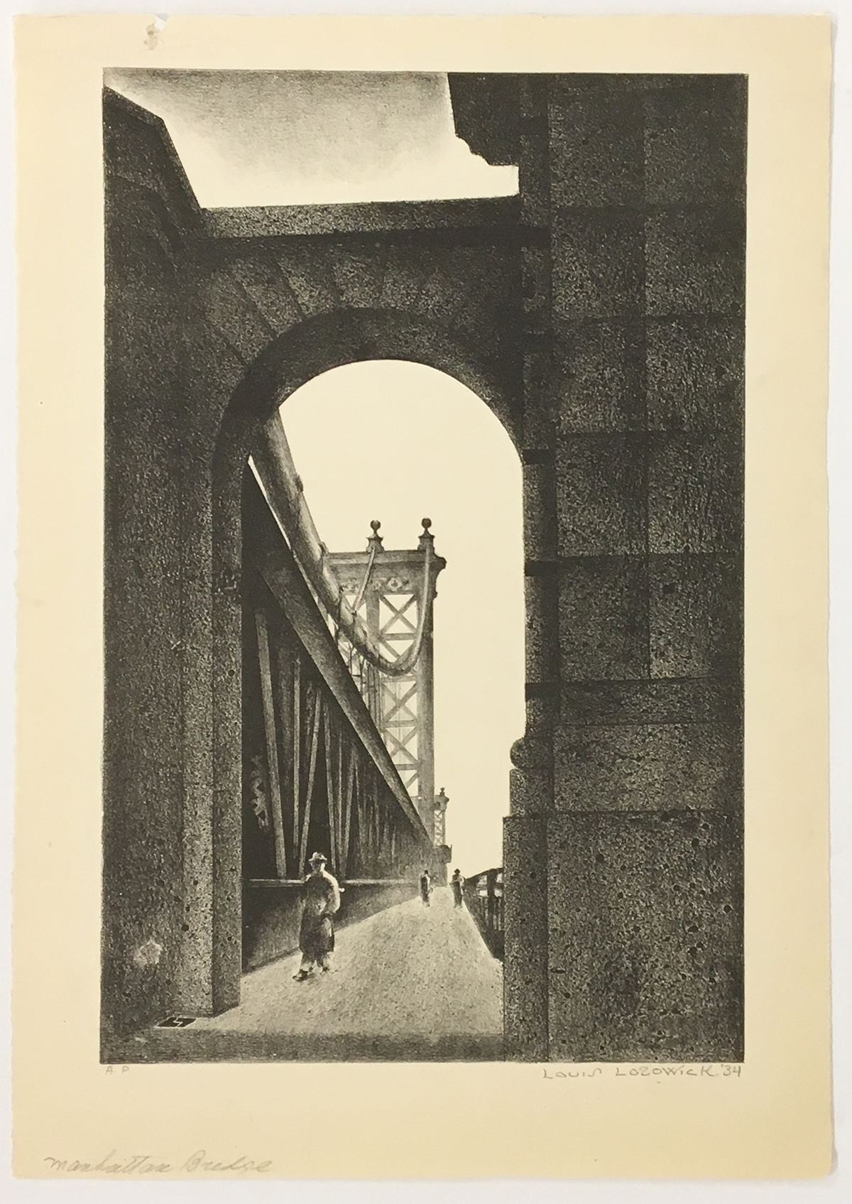 Louis Lozowick Manhattan Bridge Lithograph Image Dimensions: 12 13/16 x 8 3/8 inches (32.5 x 21.3 cm) Paper Dimensions: 15 3/16 x 10 5/8 inches (38.6 x 27 cm) Artist Proof