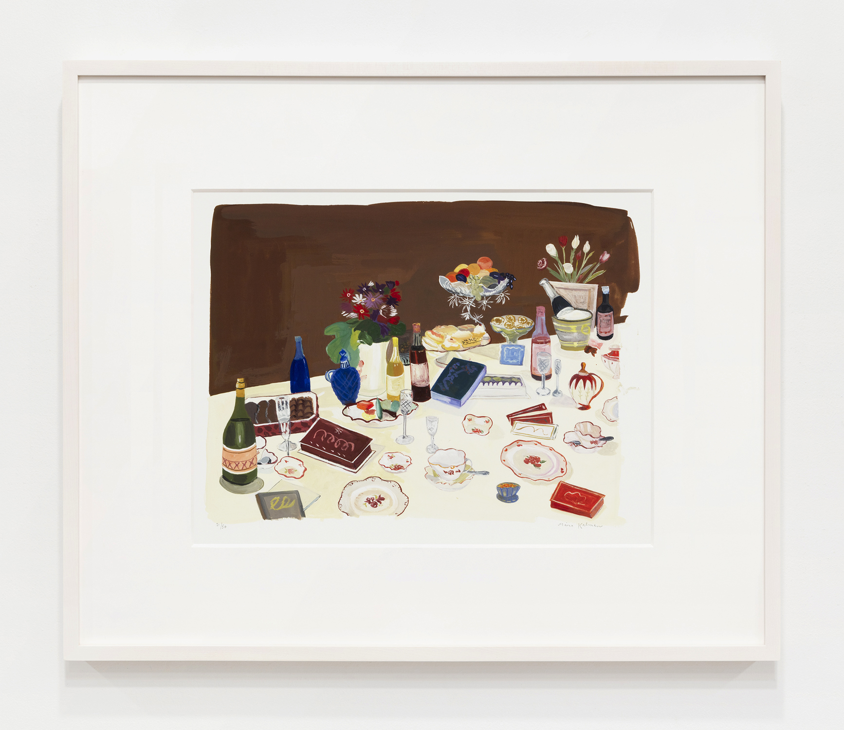Maira Kalman Chocolate and Champagne party, 2013 Archival inkjet print Image Dimensions: 10 1/2 x 14 inches (26.7 x 35.6 cm) Paper Dimensions: 15 x 18 1/2 inches (38.1 x 47 cm) Framed Dimensions: 18 x 21 1/2 inches (45.7 x 54.6 cm) Edition of 50
