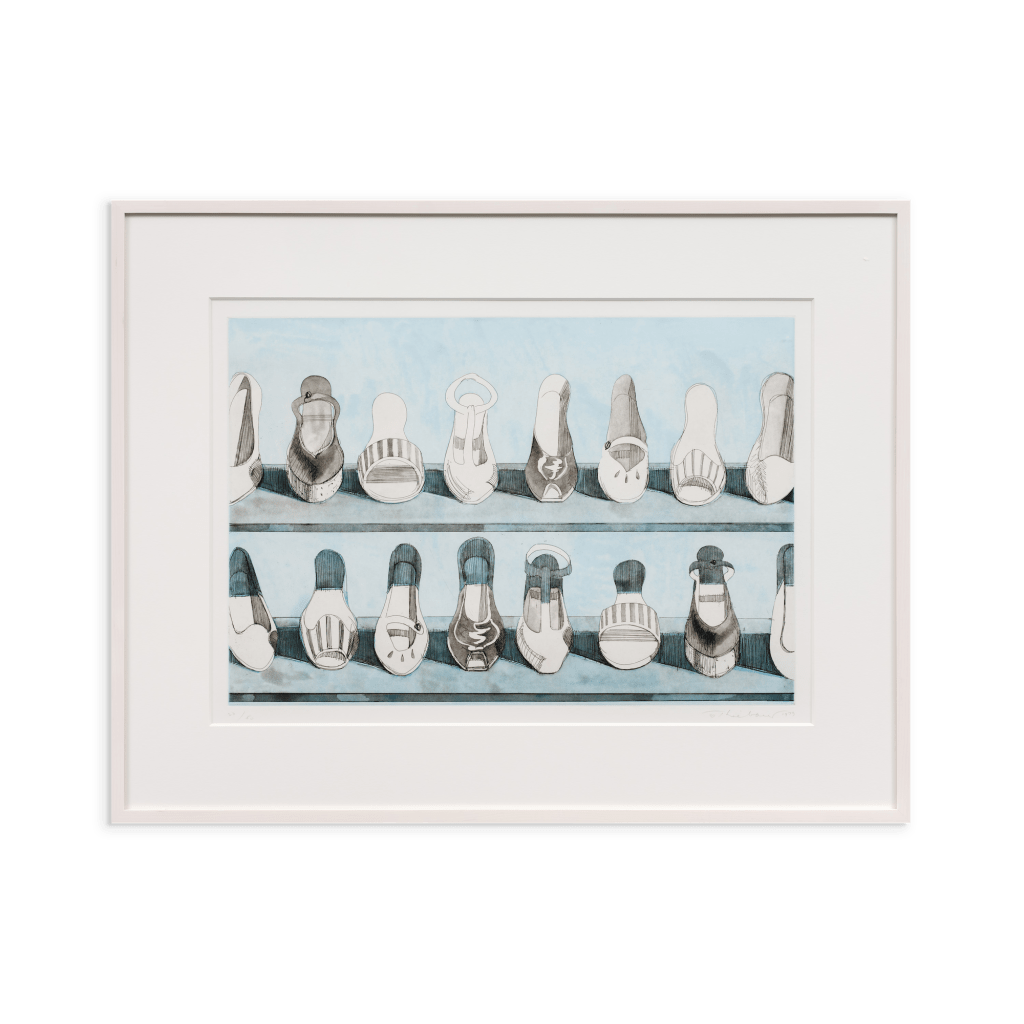 Wayne Thiebaud Shoe Rows, 1979 Etching and aquatint Image Dimensions: 22 x 30 inches (55.9 x 76.2 cm) Paper Dimensions: 29 3/4 x 23 inches (75.6 x 58.4 cm) Framed Dimensions: 26 x 33 1/2 inches (66 x 85.1 cm) Edition of 50