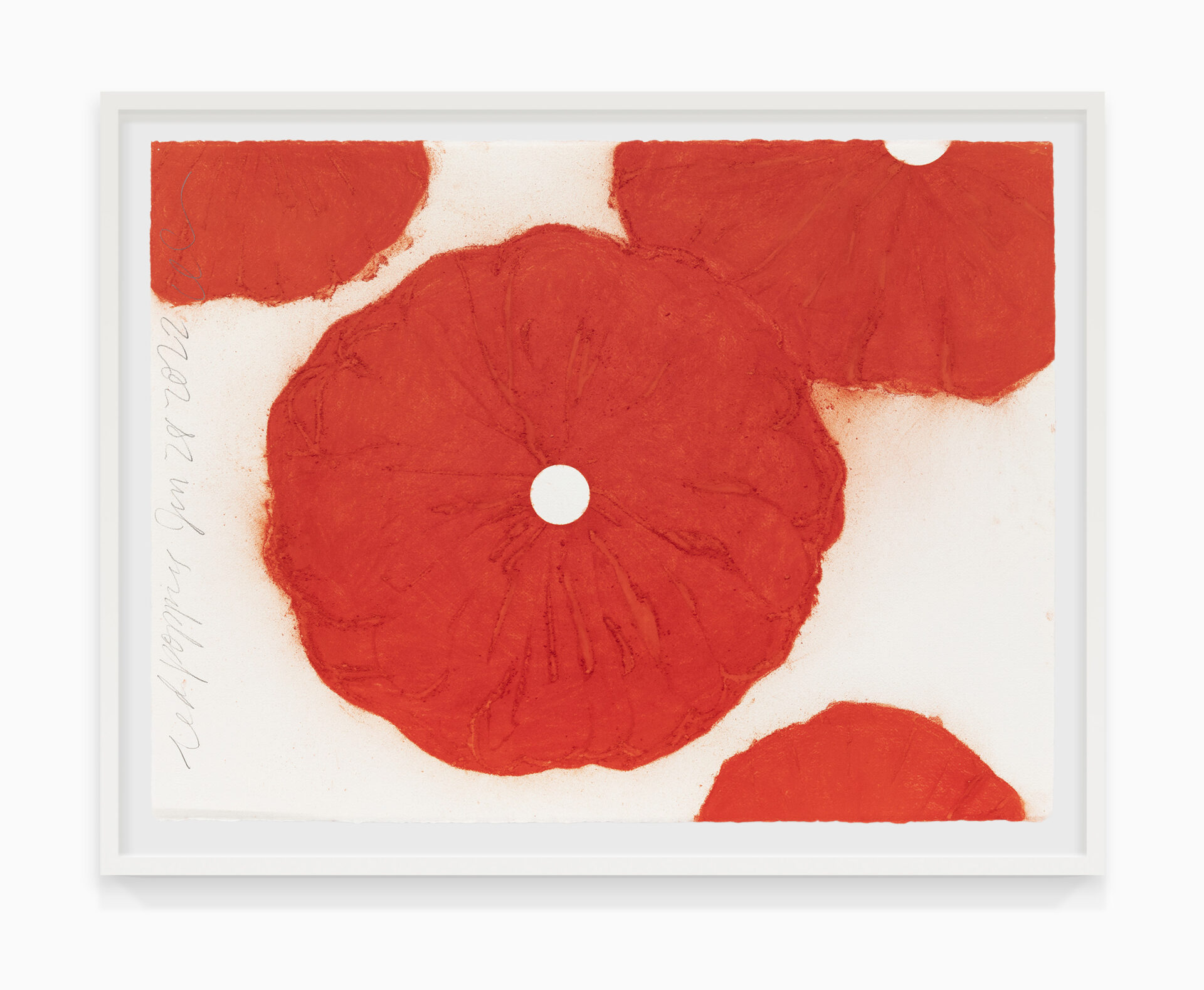 Donald Sultan Red Poppies, Jan 28 2022, 2022 Conte on paper Paper Dimensions: 22 1/2 x 30 inches (57.2 x 76.2 cm) Framed Dimensions: 26 x 33 1/2 x 1 3/4 inches (66 x 85.1 x 4.4 cm)