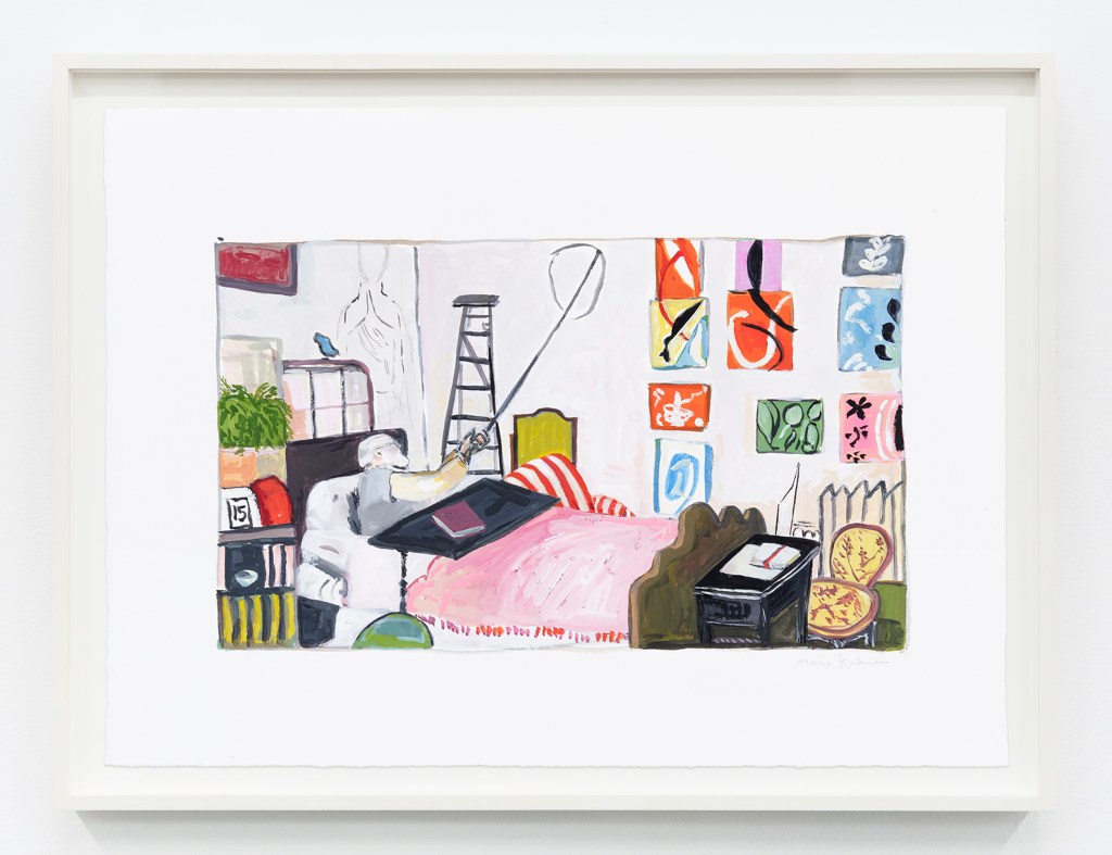 Maira Kalman Matisse Painting in Bed, 2020 Archival inkjet print Image Dimensions: 7 1/2 x 12 1/2 inches (19.1 x 31.8 cm) Paper Dimensions: 12 x 17 inches (30.5 x 43.2 cm) Framed Dimensions: 14 5/8 x 19 3/4 inches (37.1 x 50.2 cm) Edition 15 of 36