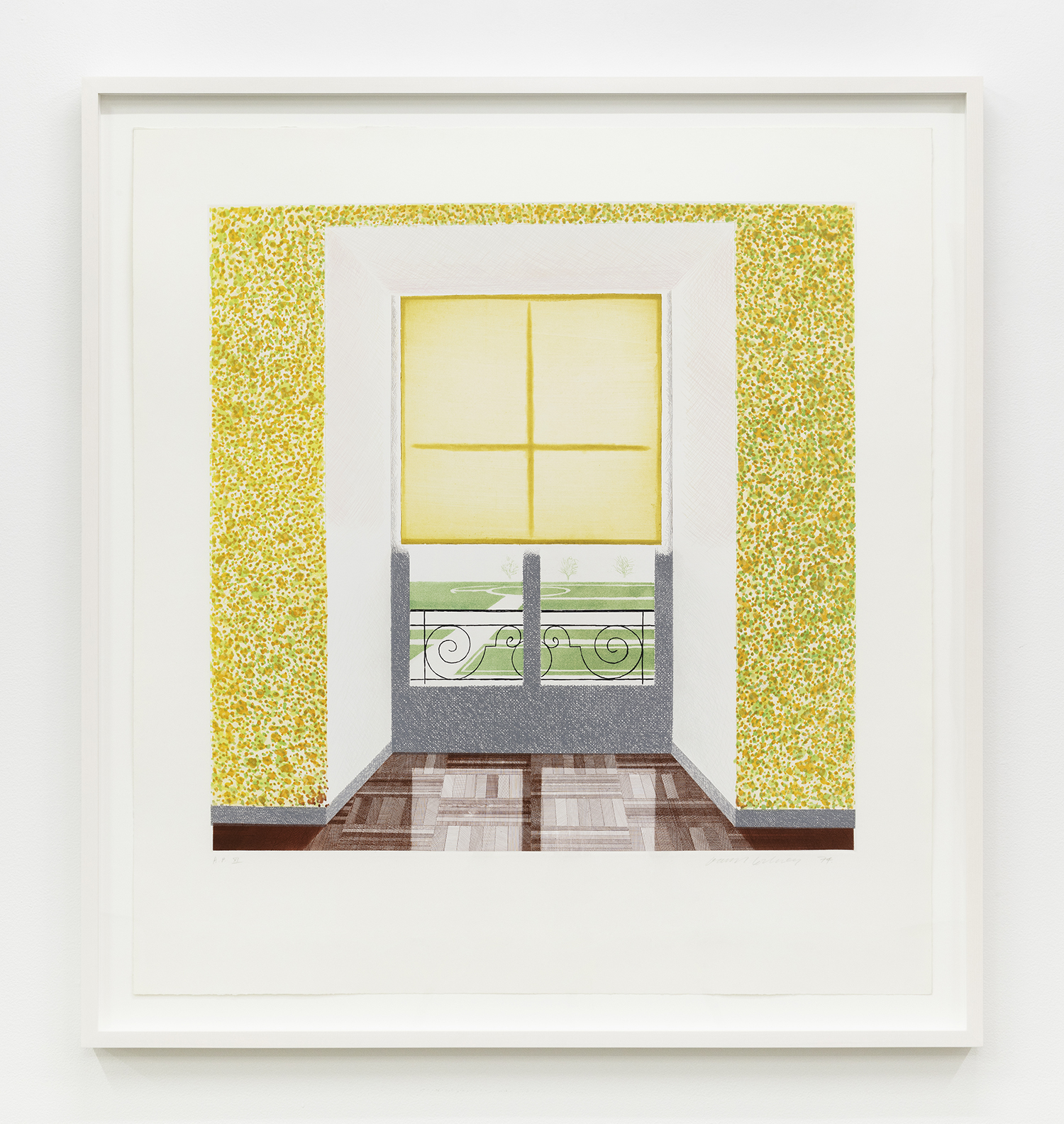David Hockney Contrejour in the French Style, 1974 Etching and aquatint Image Dimensions: 29 x 29 1/4 inches (73.7 x 74.3 cm) Paper Dimensions: 39 1/8 x 36 1/4 inches (99.4 x 92.1 cm) Framed Dimensions: 43 3/8 x 40 1/2 inches (110.2 x 102.9 cm) Edition of 75, plus AP XI