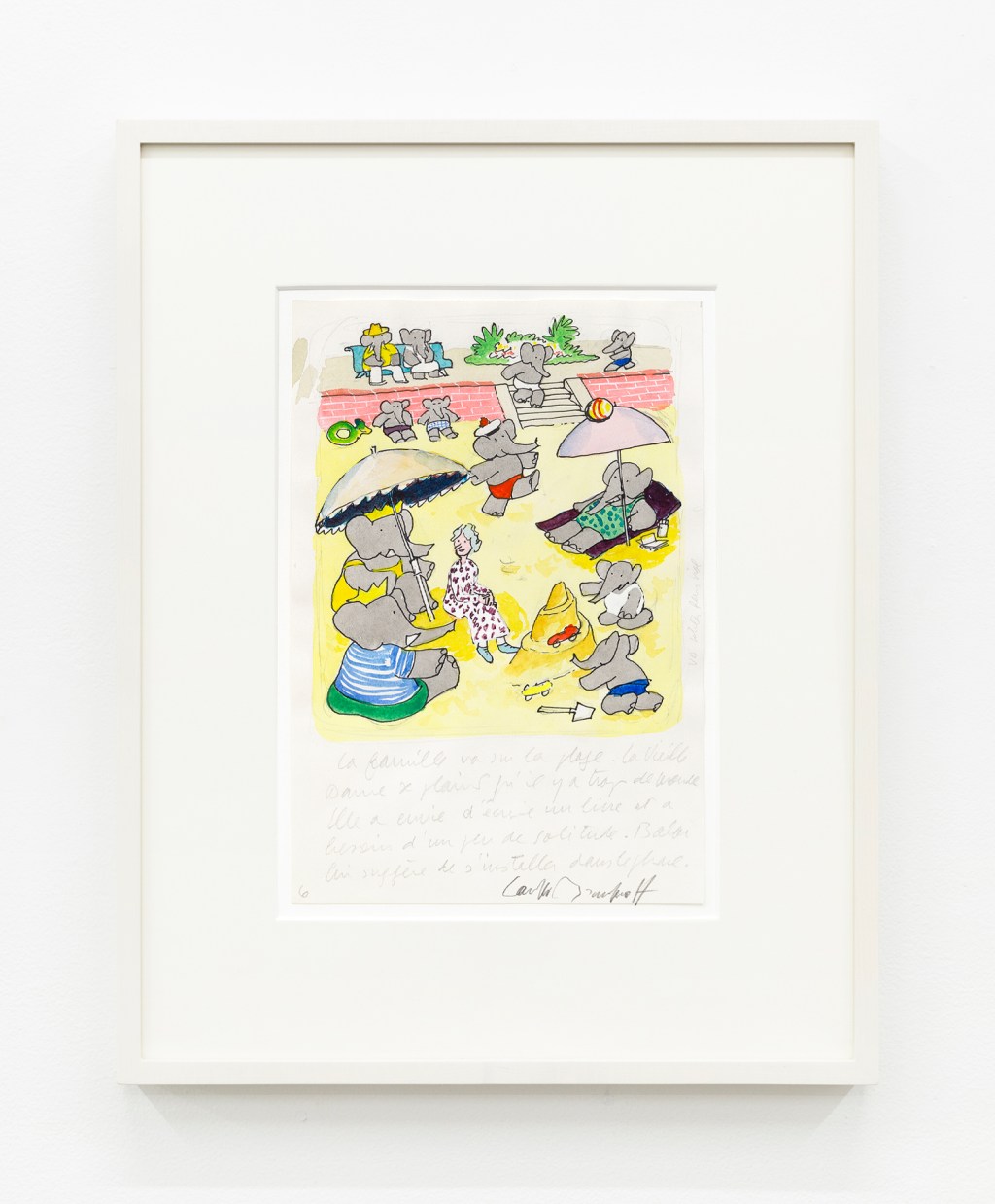 Laurent De Brunhoff Study for "The sun was strong, so big umbrellas lined the beach." for Babar's Mystery, 1978 Watercolor, ink, and graphite Image Dimensions: 12 x 8 1/4 inches (30.5 x 21 cm) Framed Dimensions: 19 9/16 x 15 9/16 inches (49.7 x 39.5 cm)
