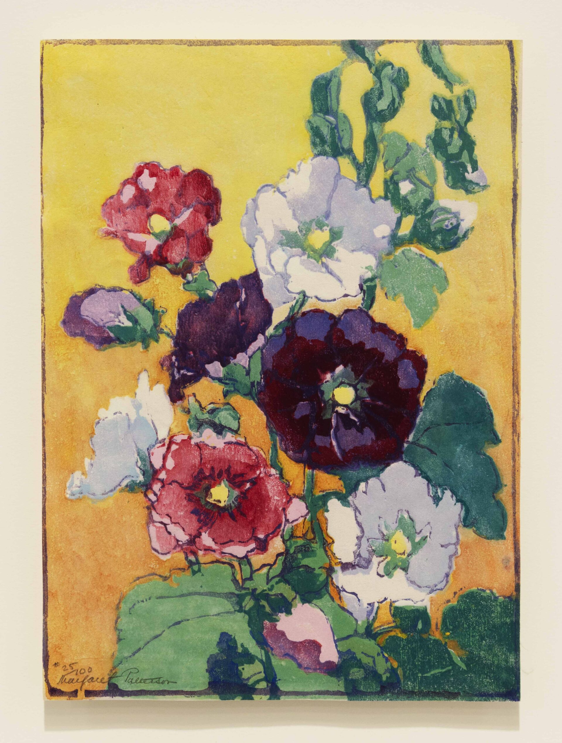 Margaret Patterson Hollyhocks (yellow-orange background), c. 1921-1950 Woodcut 10 1/2 x 8 1/2 inches (26.7 x 21.6 cm) Edition of 100