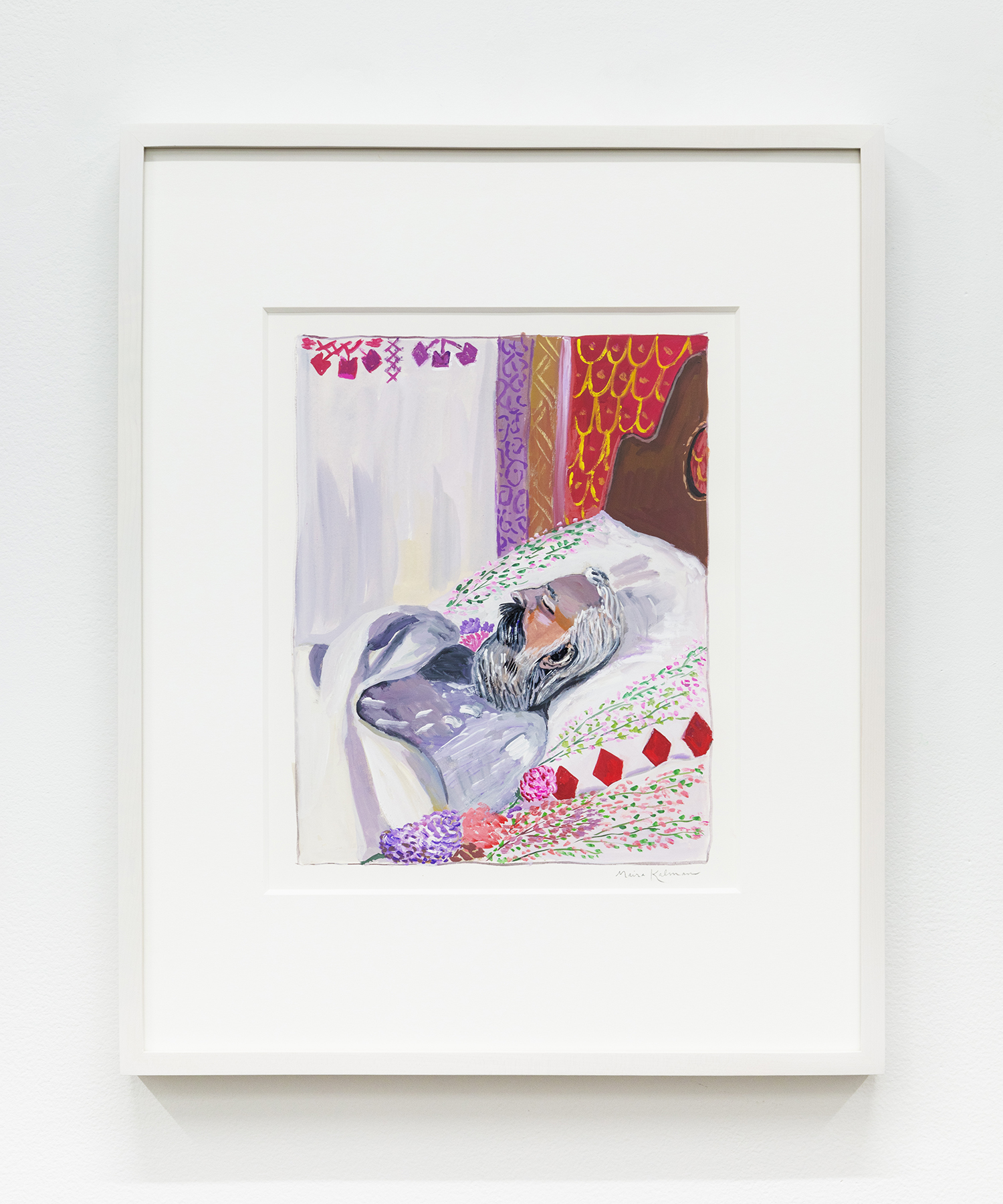 Maira Kalman Brahms Dead in Bed, 2023 Gouache Image Dimensions: 11 1/4 x 8 3/4 inches (28.6 x 22.2 cm) Paper Dimensions: 15 x 11 1/2 inches (38.1 x 29.2 cm) Framed Dimensions: 20 x 16 inches (50.8 x 40.6 cm) $10,000