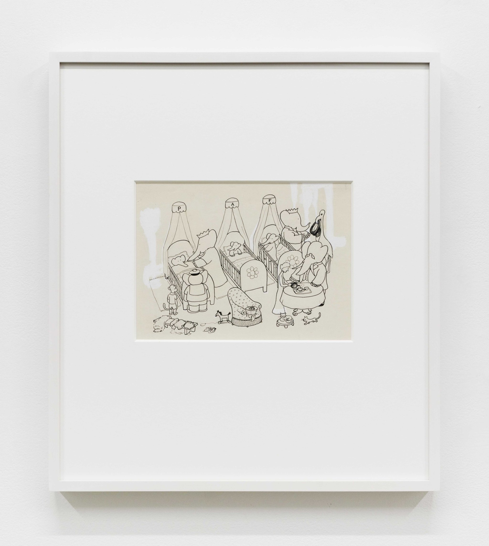 Jean de Brunhoff "She smiles and proudly shows him three little baby elephants." published in Babar and his Children, 1937 Ink and gouache Image Dimensions: 6 3/8 x 9 inches (16.2 x 22.9 cm) Paper Dimensions: 7 7/8 x 10 5/8 inches (20 x 27 cm) Framed Dimensions: 14 1/4 x 16 5/8 inches (36.2 x 42.2 cm)